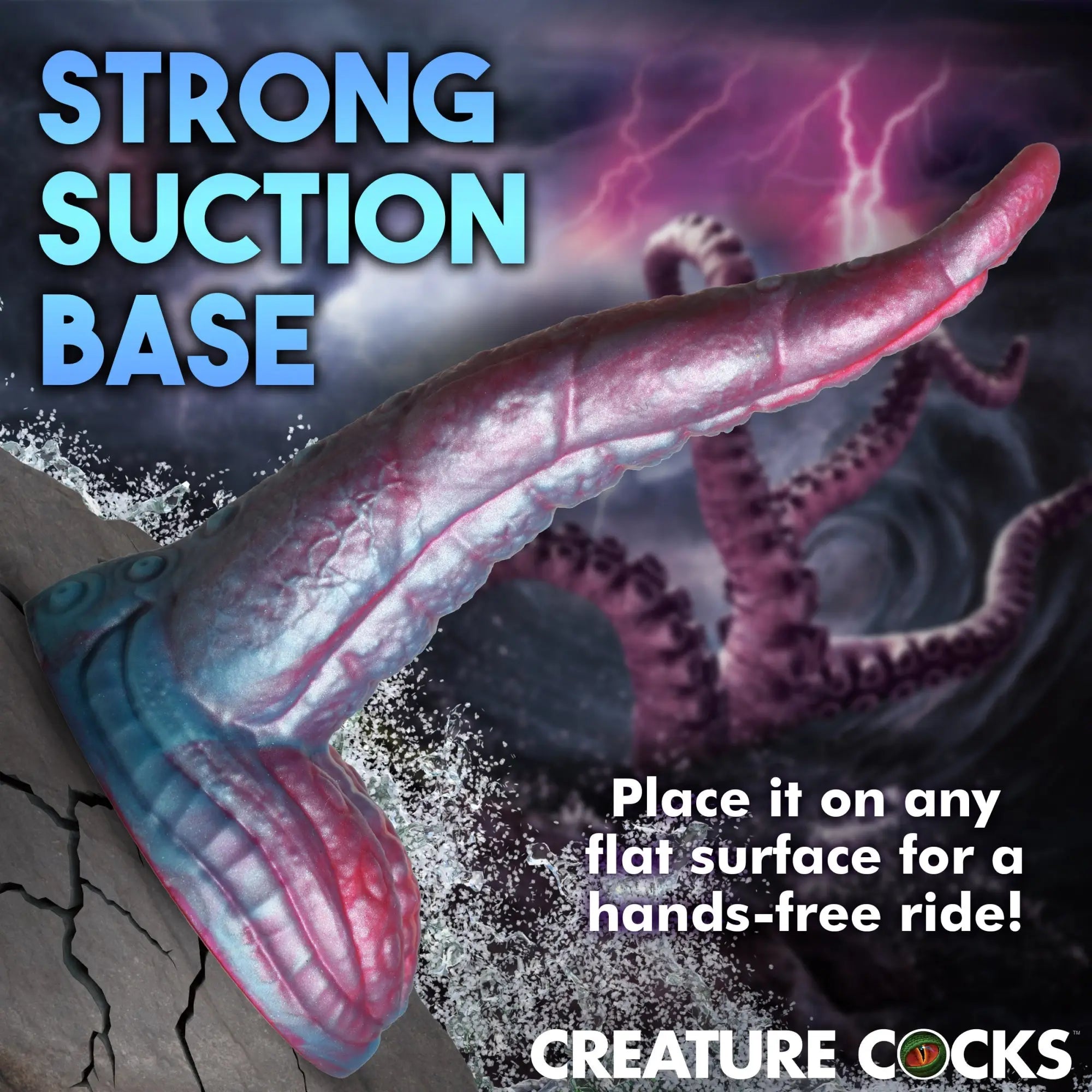 Creature Cocks silicone tentacle dildo in blue and pink, featuring a suction base for flat surfaces against a stormy sea.