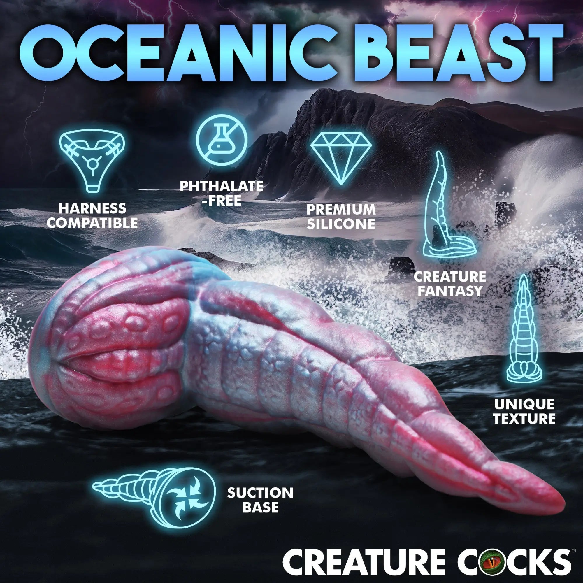 Creature Cocks Tentacle silicone dildo in pink and blue, featuring a textured, fantasy design with a suction base.