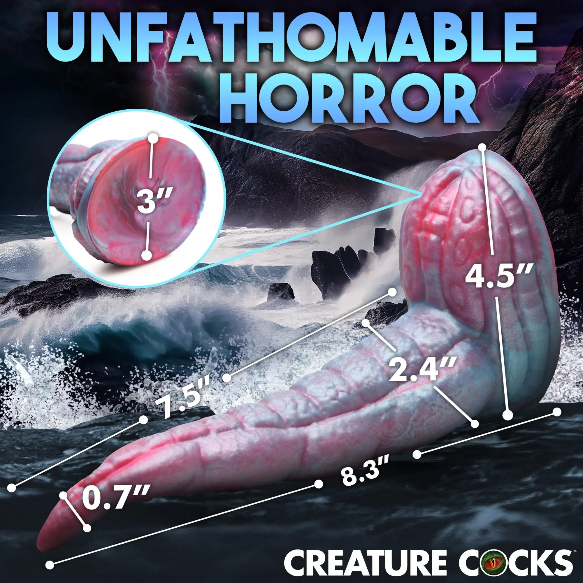 Creature Cocks silicone tentacle dildo in blue and pink with a bulbous head, displayed with detailed size measurements.