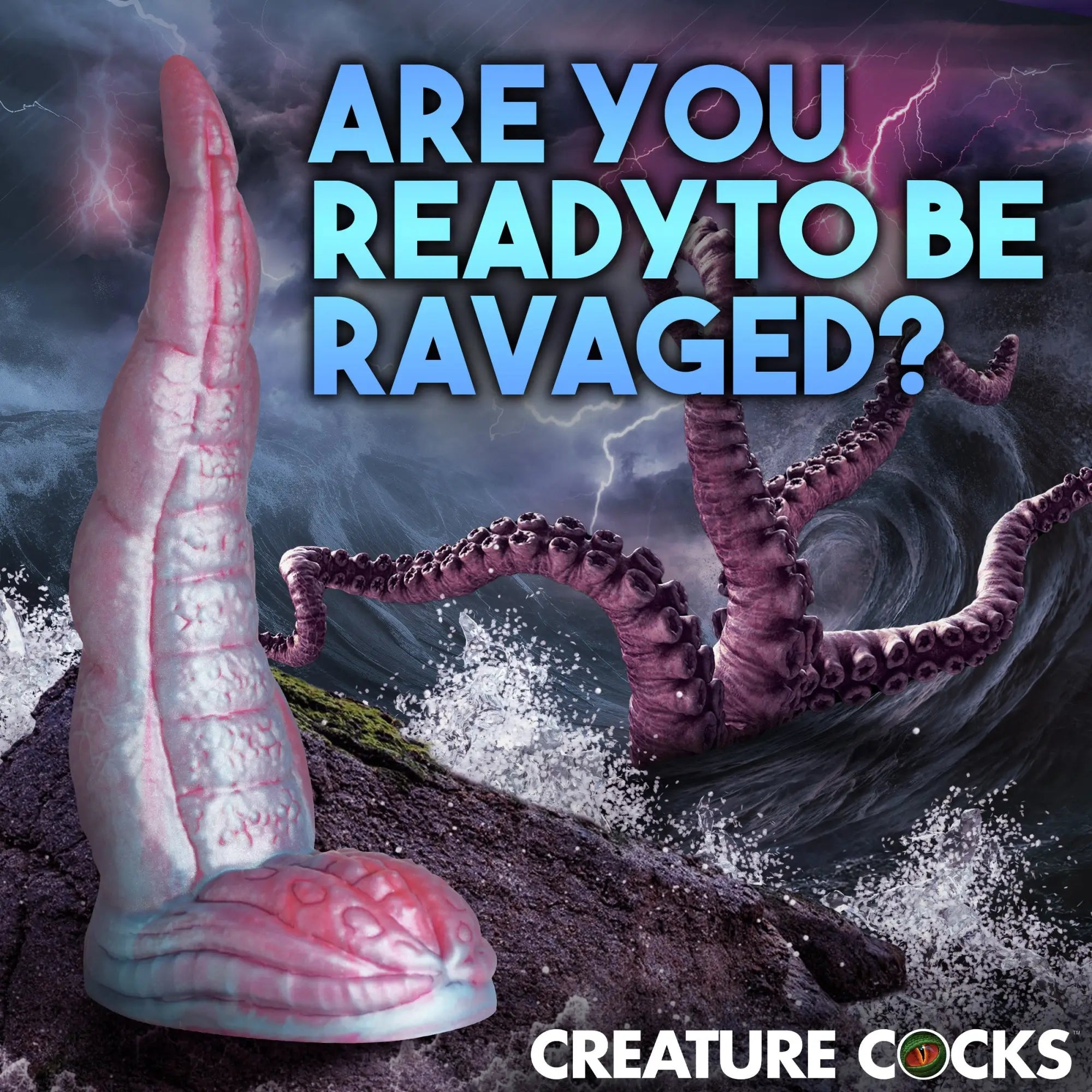 Creature Cocks pink and blue tentacle silicone dildo against a stormy ocean background with a sea monster.