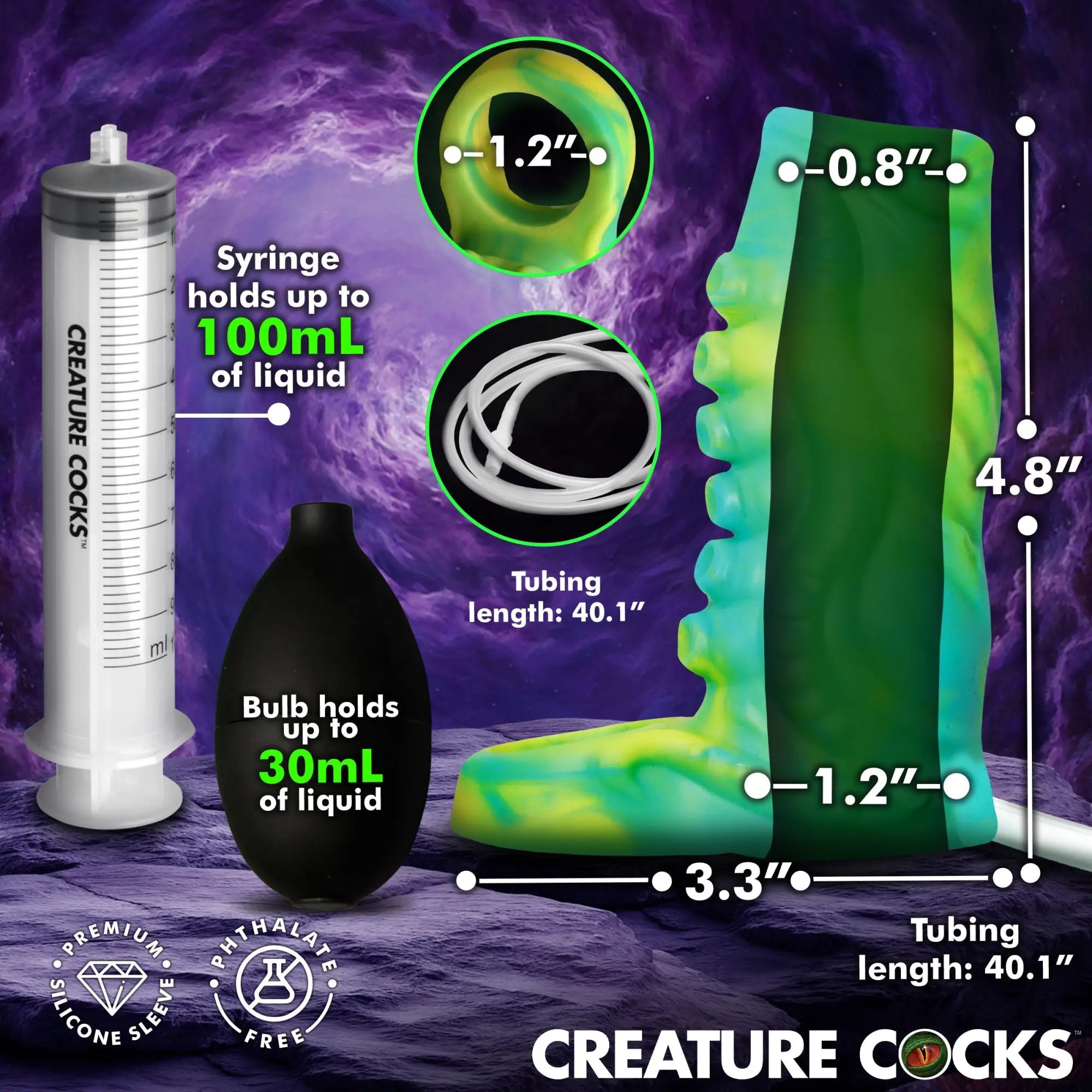 Creature Cocks tentacle penis enhancer with green/yellow silicone sleeve, black bulb, clear syringe, and sizing labels.