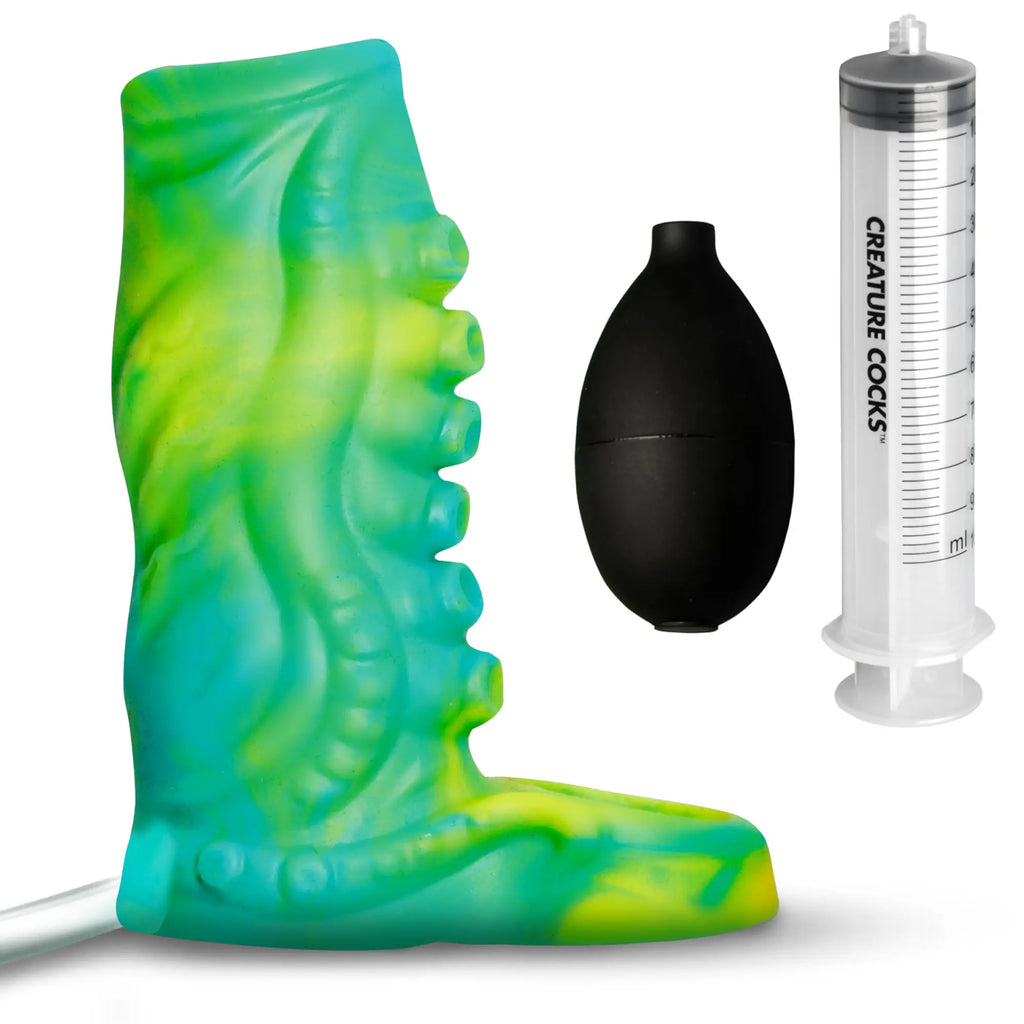 Creature Cocks Tentacle Squirting Silicone Penis Enhancer in green and yellow swirl with a black pump and a syringe.