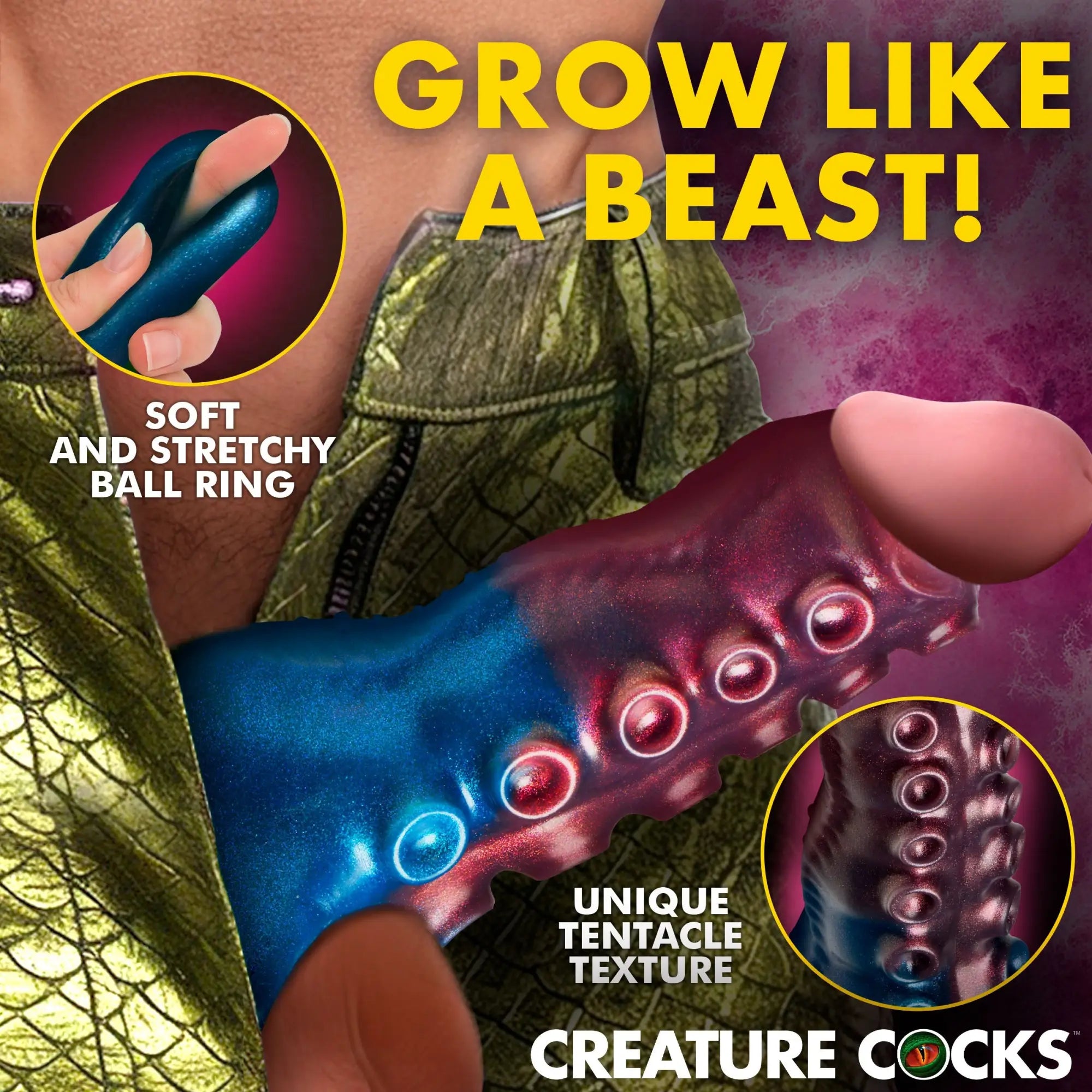 Creature Cocks Tentagirth blue-to-purple ombre silicone tentacle-style penis enhancer with realistic suction cups.