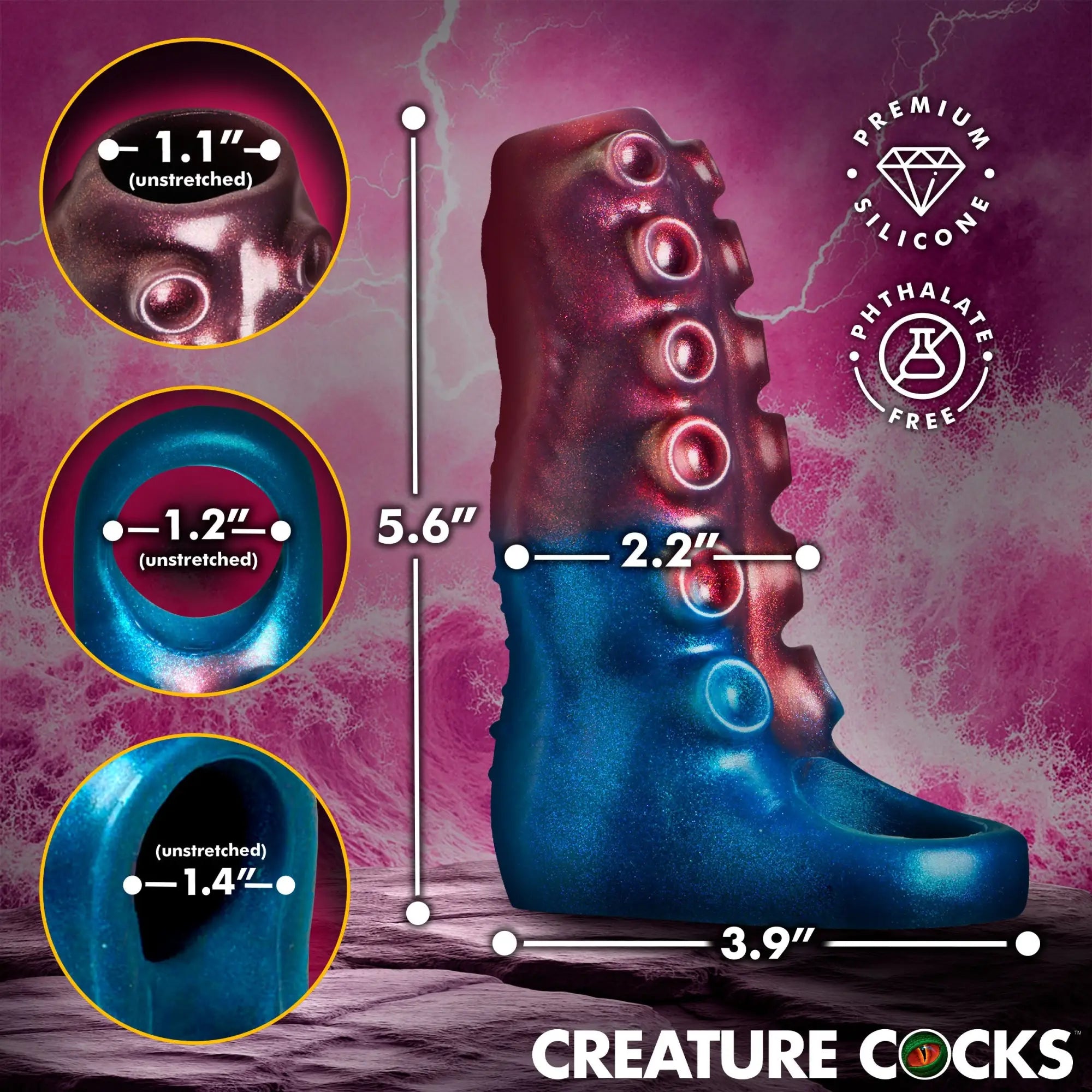 Creature Cocks Tentagirth silicone penis enhancer in blue and purple, featuring tentacle details and size measurements.