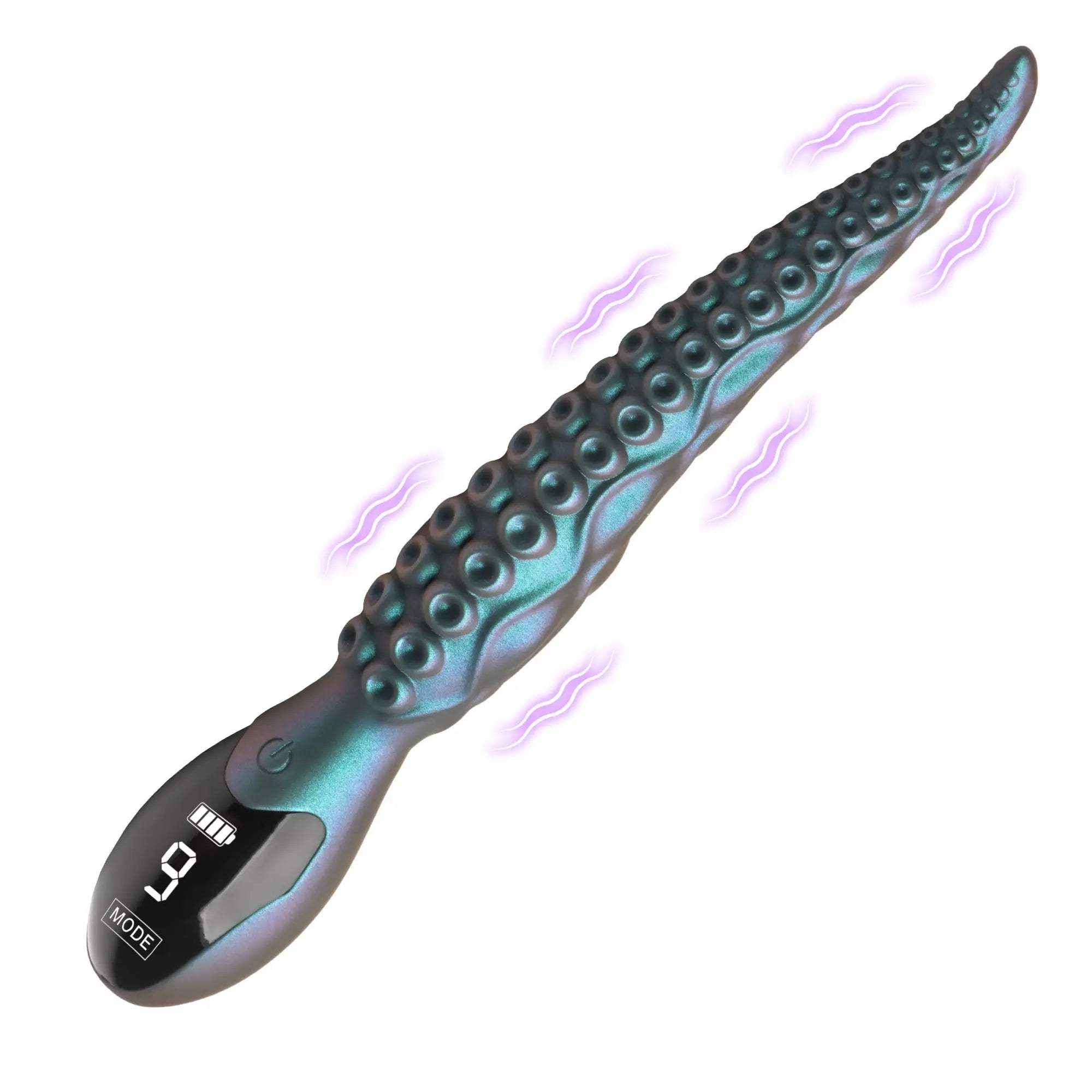 Creature Cocks Tentavibe: iridescent teal, tentacle-shaped silicone vibrator with digital display and vibration lines.