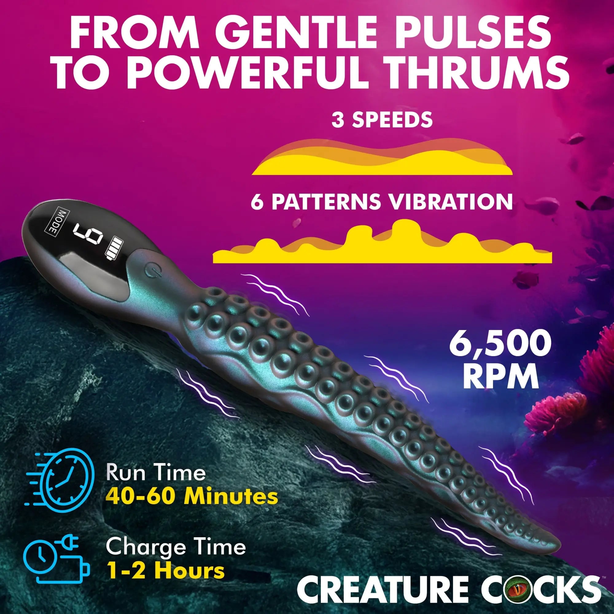 Creature Cocks Tentavibe: iridescent teal, octopus-tentacle-shaped silicone vibrator with a digital mode display.