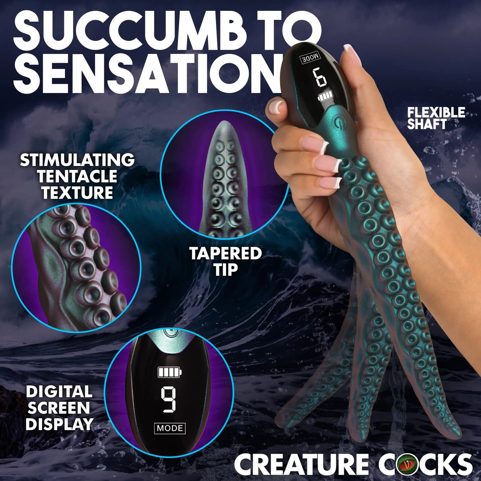 Creature Cocks Tentavibe: A shimmering teal, tentacle-textured silicone vibrator with a digital mode screen display.
