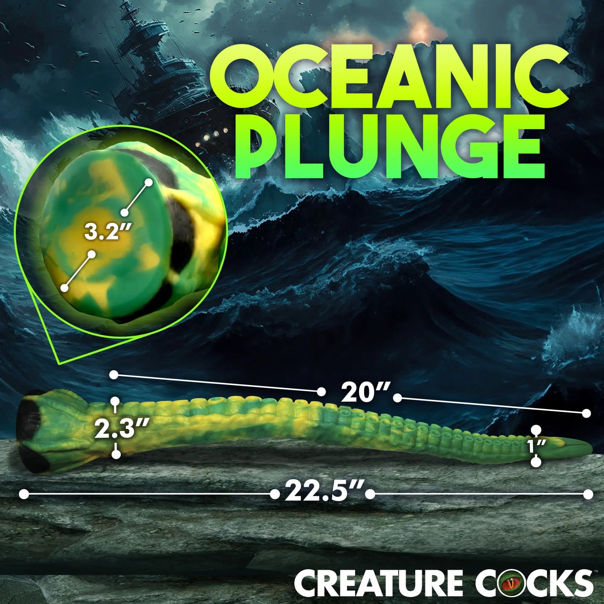 Creature Cocks Titan Tentacle dildo in green and yellow swirl, 22.5" long, with detailed suction cup texture.