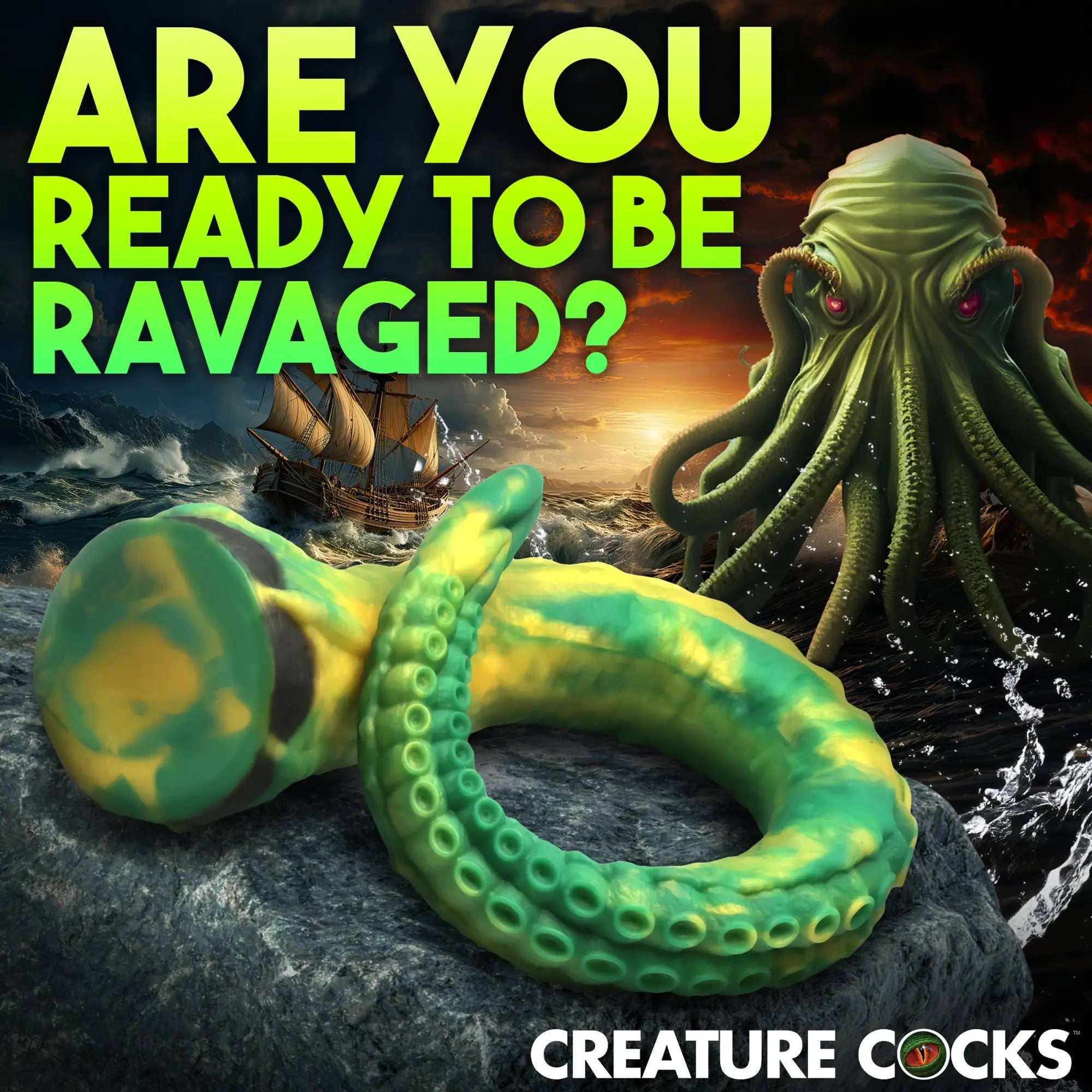 Creature Cocks Titan Tentacle dildo in green and yellow silicone, featuring realistic suction cups on a rock background.