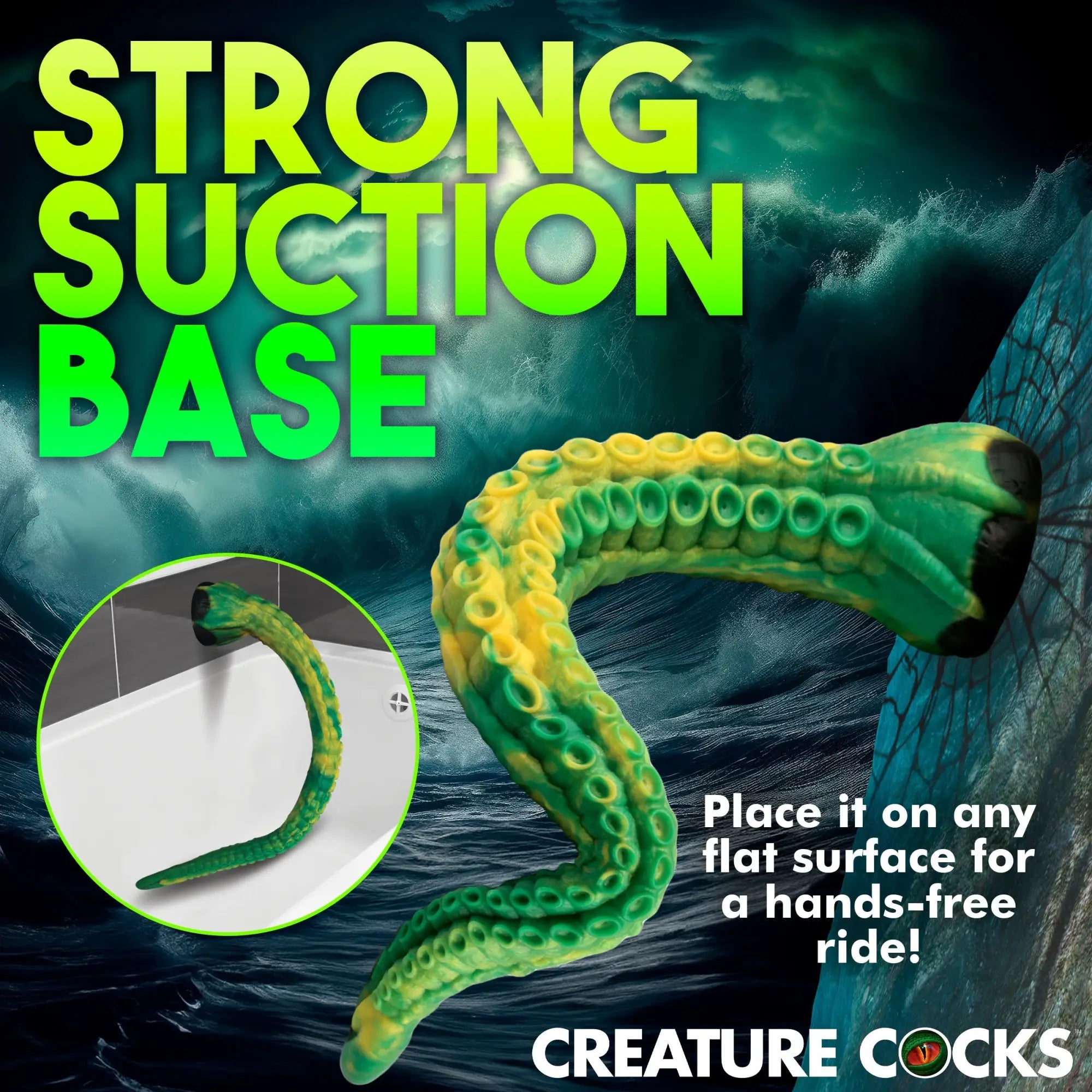 Creature Cocks Titan tentacle dildo in green and yellow with suction base, shown against a stormy ocean background.
