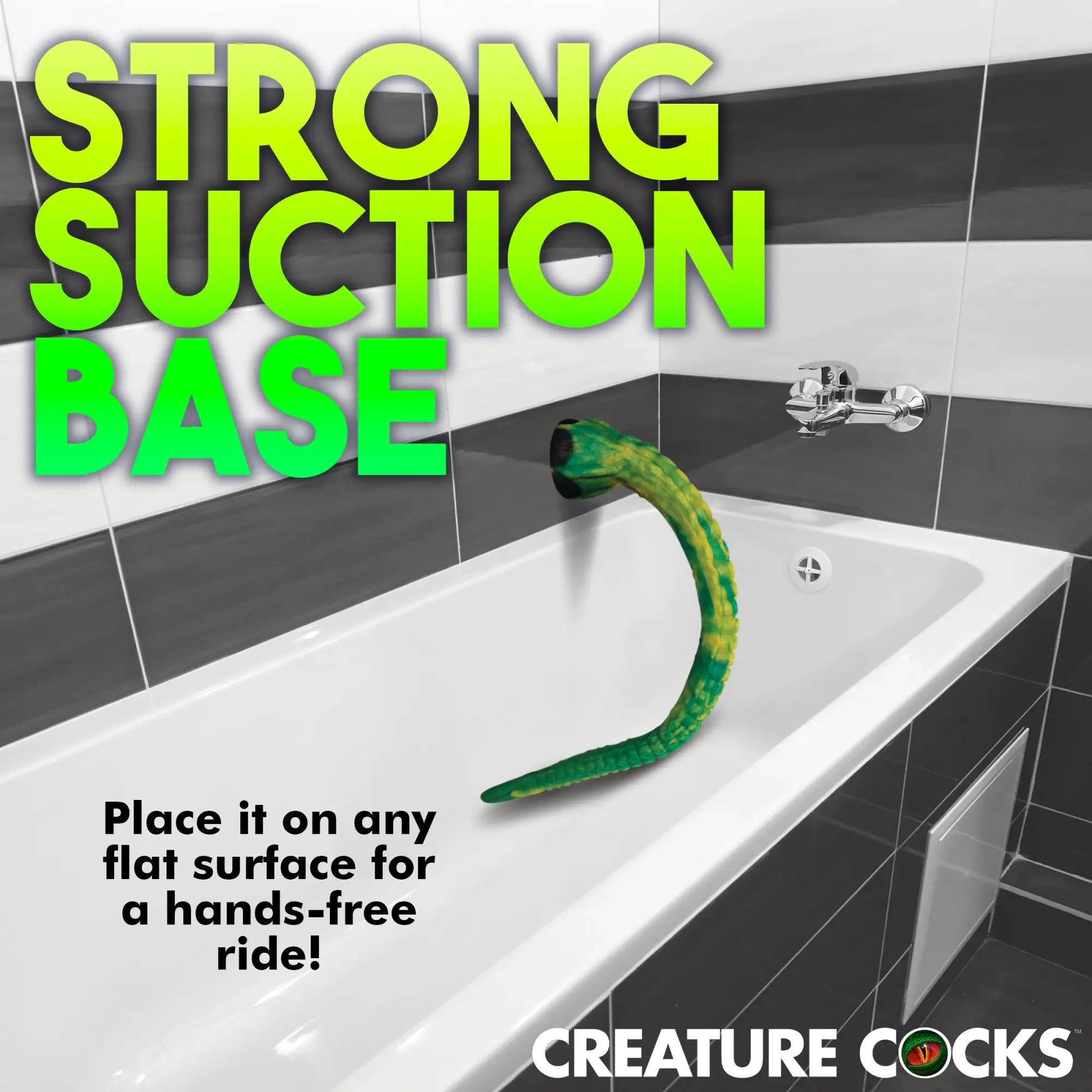 Creature Cocks Titan Tentacle dildo in green and yellow with a black suction base, mounted to a tiled bathtub wall.