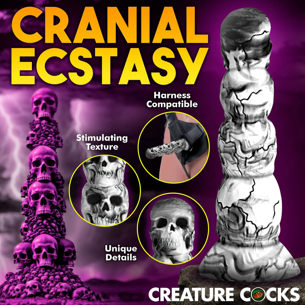 Creature Cocks Tower of Doom silicone dildo: a white and black marble-patterned, skull-textured, harness-compatible toy.