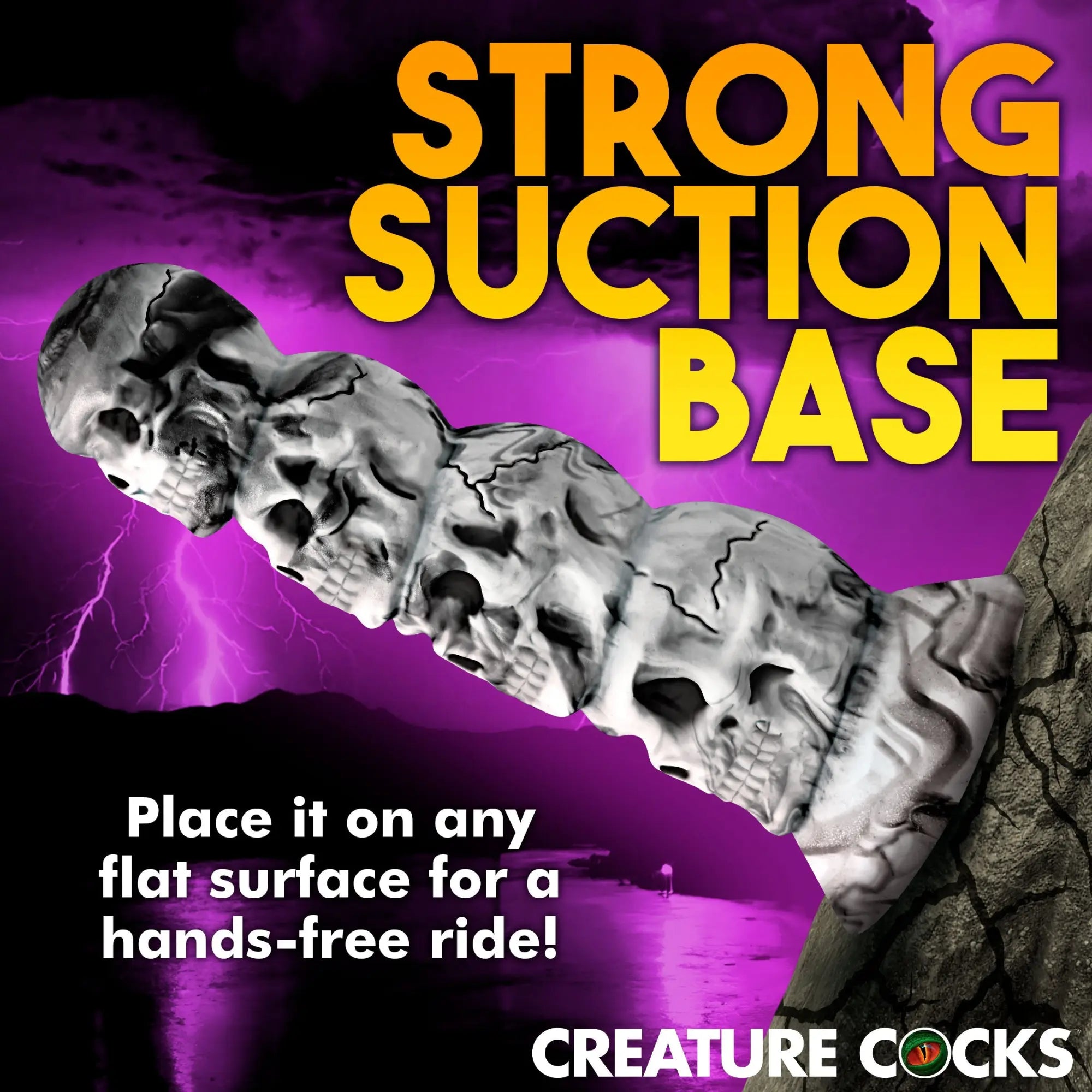 Creature Cocks Tower of Doom silicone dildo: a stack of grey, realistic skulls on a suction base against a storm backdrop.