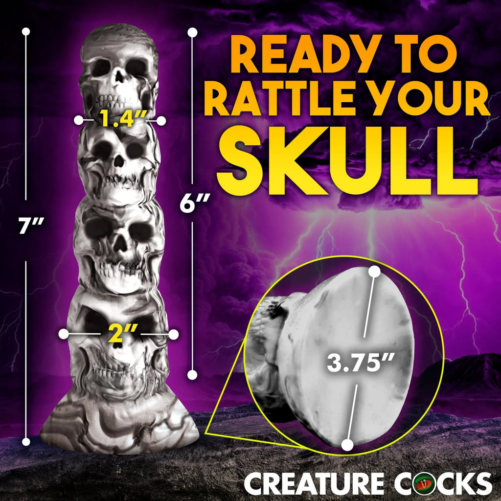 Creature Cocks Tower of Doom silicone dildo: a stack of four realistic gray skulls with measurement labels.