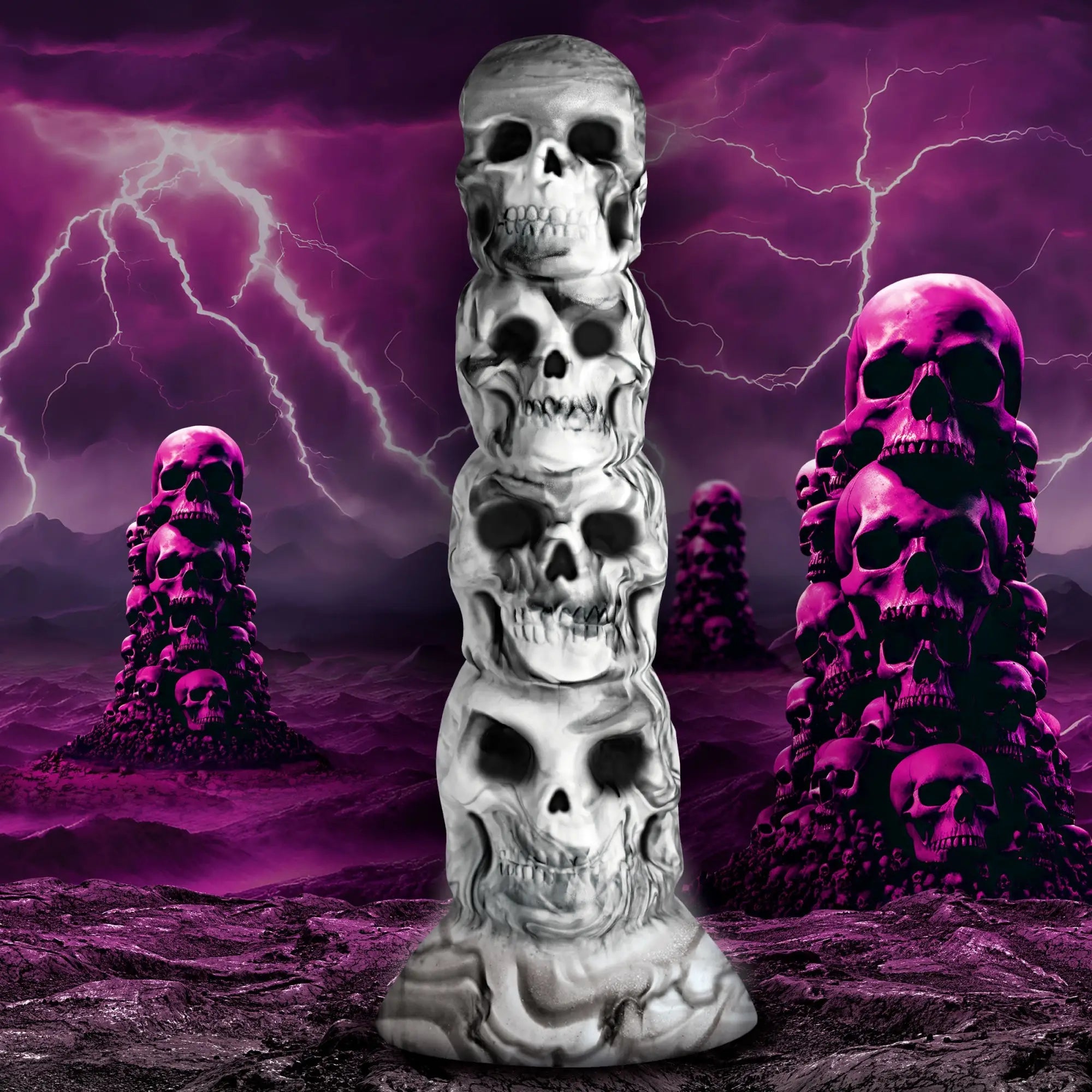 Creature Cocks Tower of Doom silicone dildo: a stack of white and grey skulls against a purple lightning background.