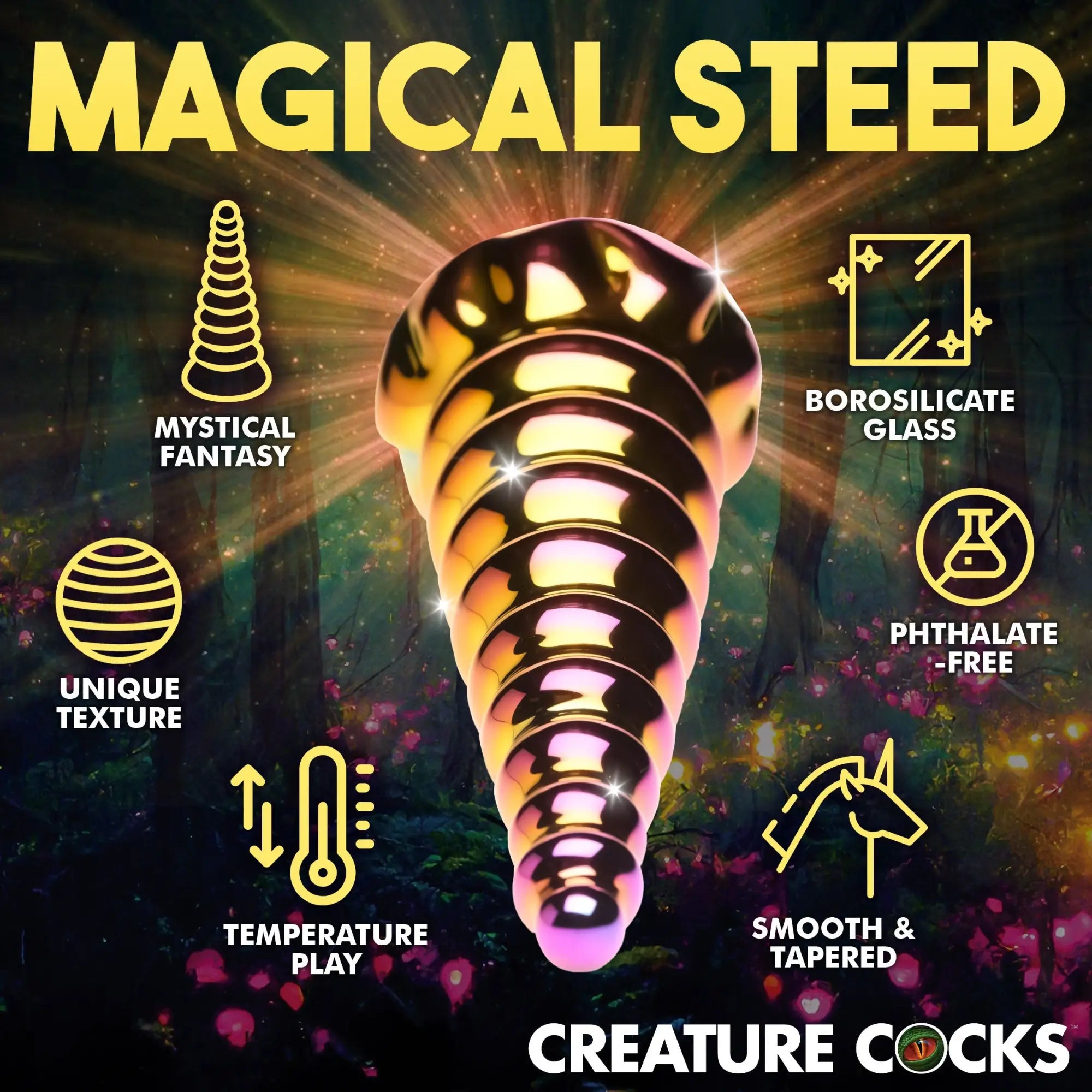 Creature Cocks Twilight Rainbow glass dildo features a metallic, spiraled, tapered design with magical forest graphics.