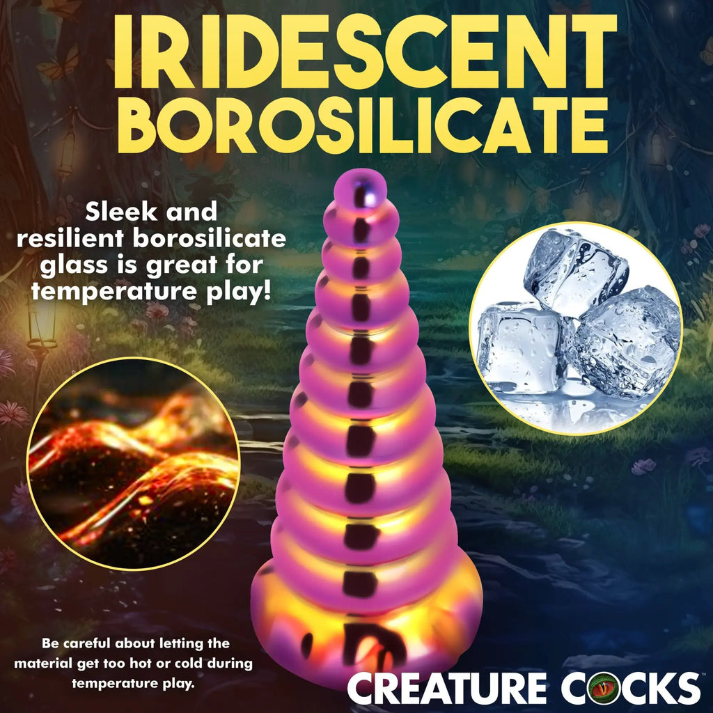 Creature Cocks Twilight Rainbow glass dildo with a tapered, ribbed design in iridescent pink and gold.