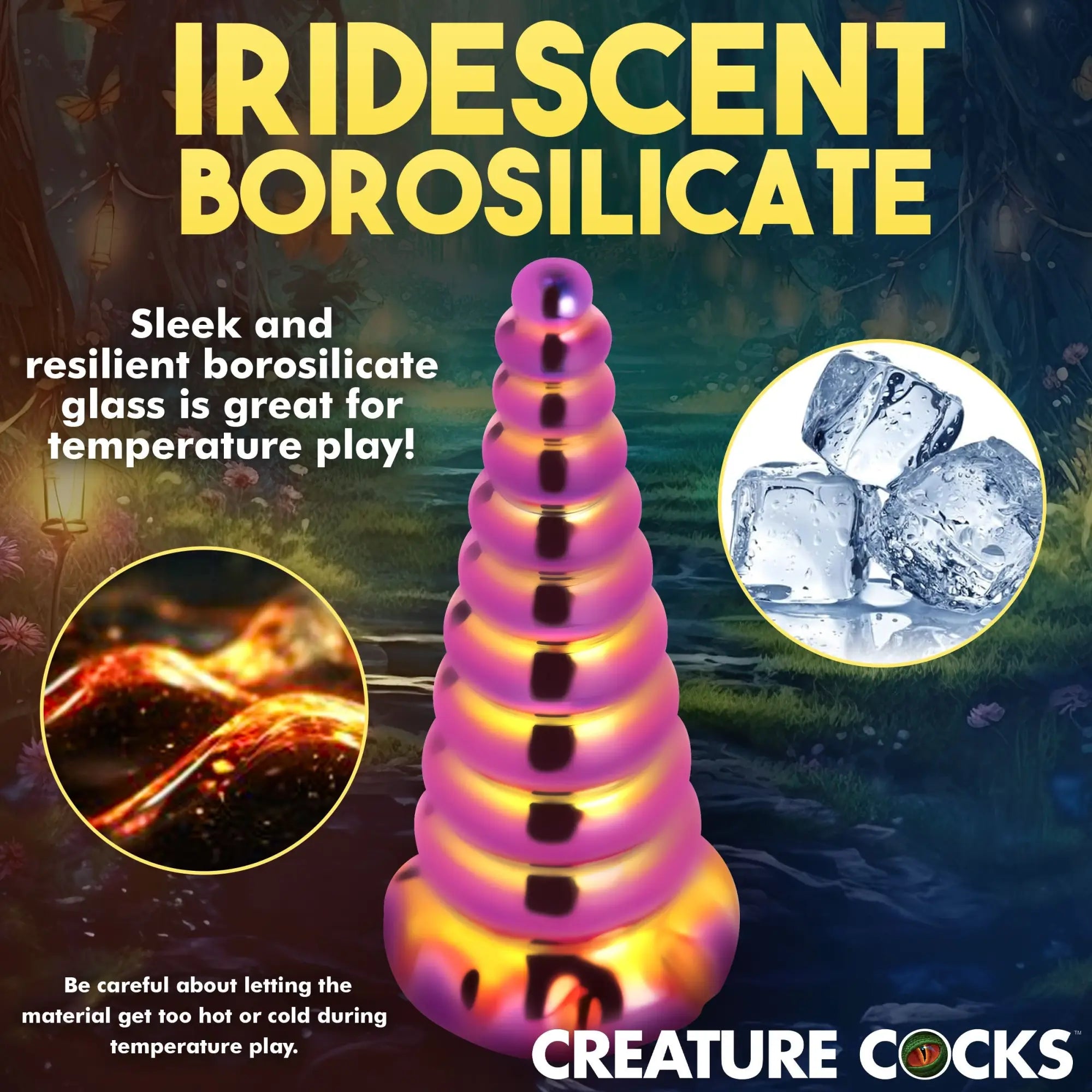 Creature Cocks Twilight Rainbow glass dildo with a tapered, ribbed design in iridescent pink and gold.