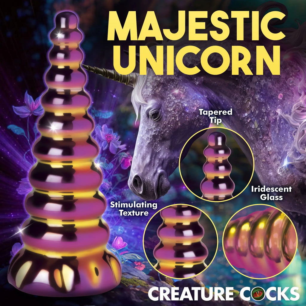 Creature Cocks Twilight Rainbow glass dildo with a tapered, ribbed design in iridescent purple and gold hues.