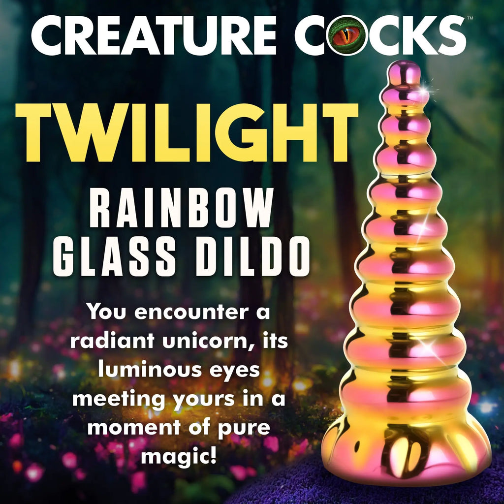 Creature Cocks Twilight rainbow glass dildo featuring a conical, ribbed design with a metallic gold and pink finish.