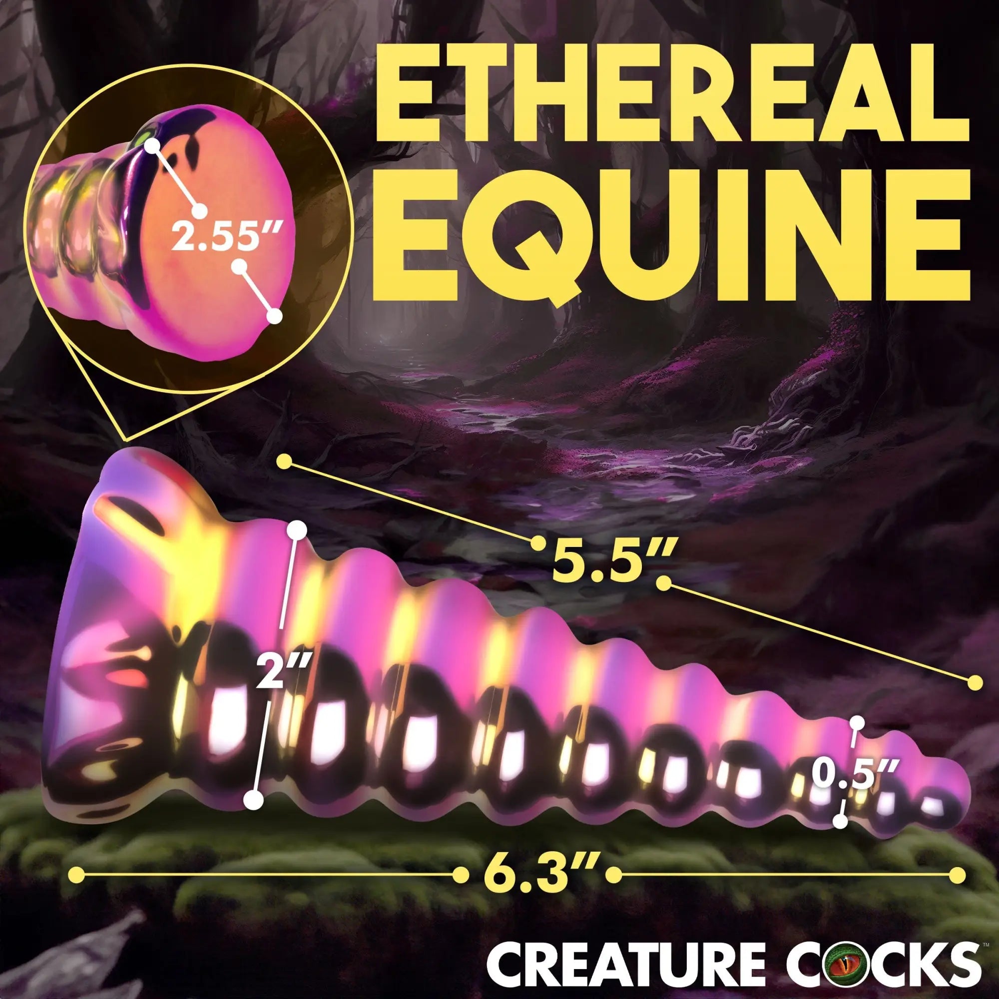 Creature Cocks Twilight Rainbow glass dildo with ribbed, tapered equine design and product dimensions shown.