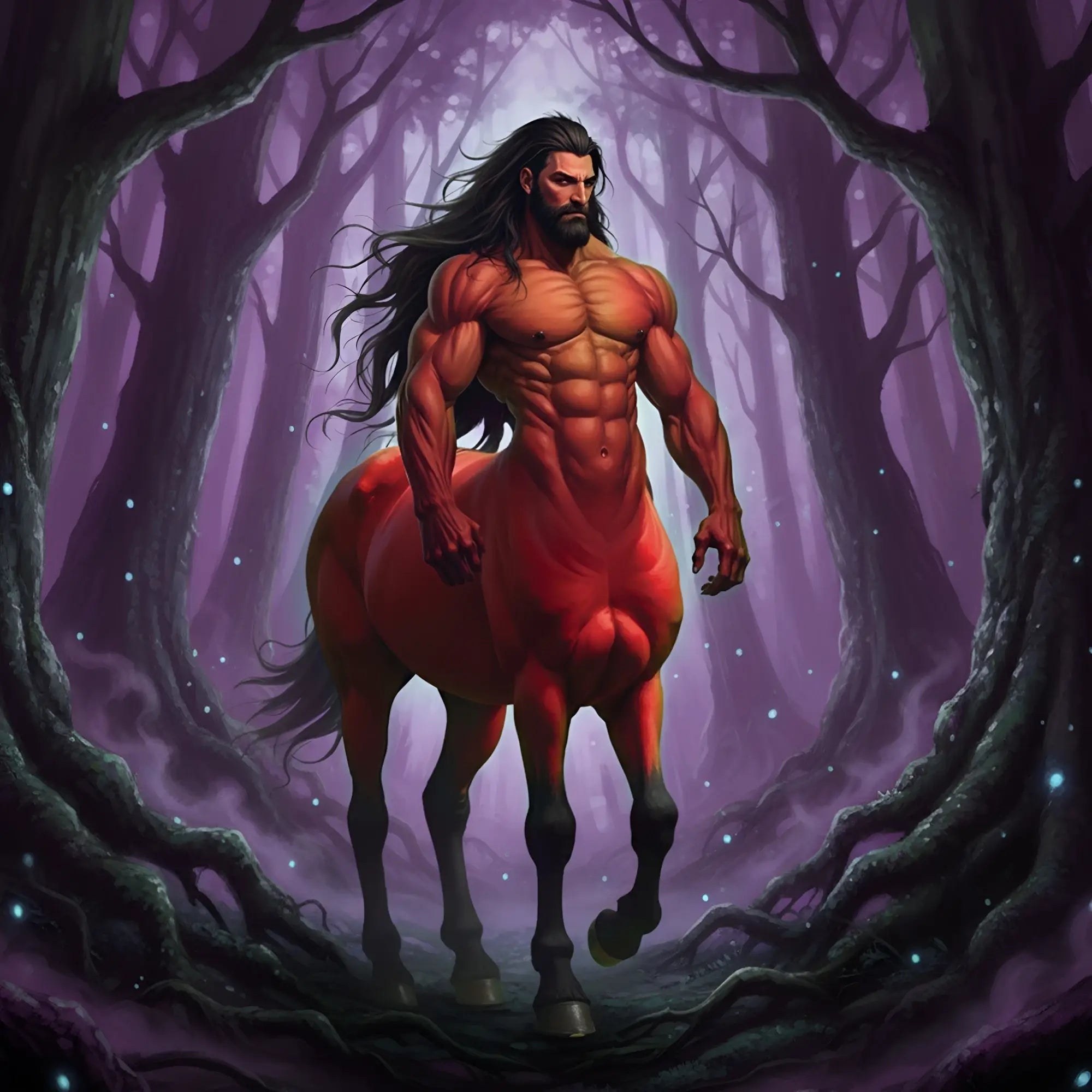 Creature Cocks Ultimate Centaur dildo: a red, muscled centaur figure standing in a misty, purple fantasy forest.