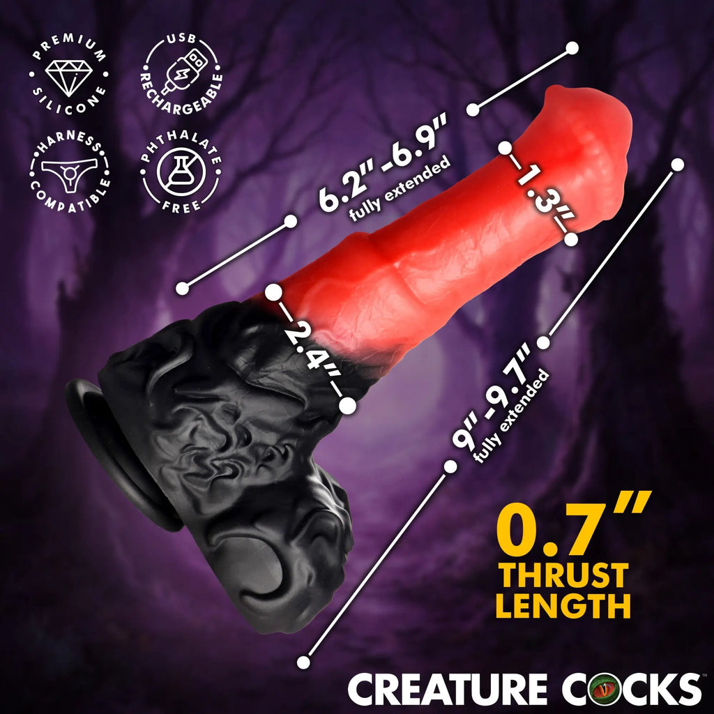 Creature Cocks Ultimate Centaur dildo: a red and black, textured silicone thrusting dildo with size dimensions overlaid.