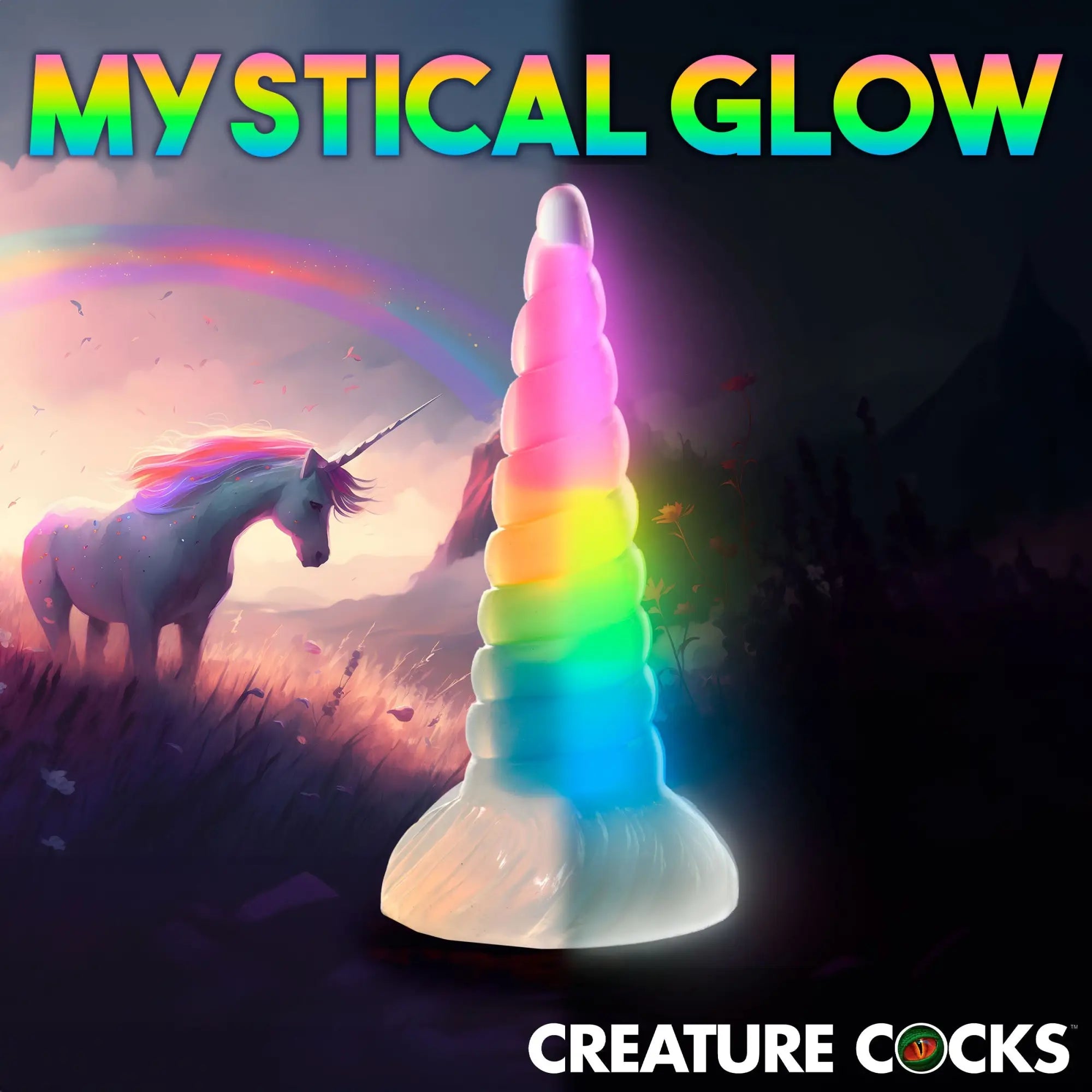 Creature Cocks Uni-Glow: a rainbow, glow-in-the-dark, spiral-textured unicorn horn dildo against a fantasy background.