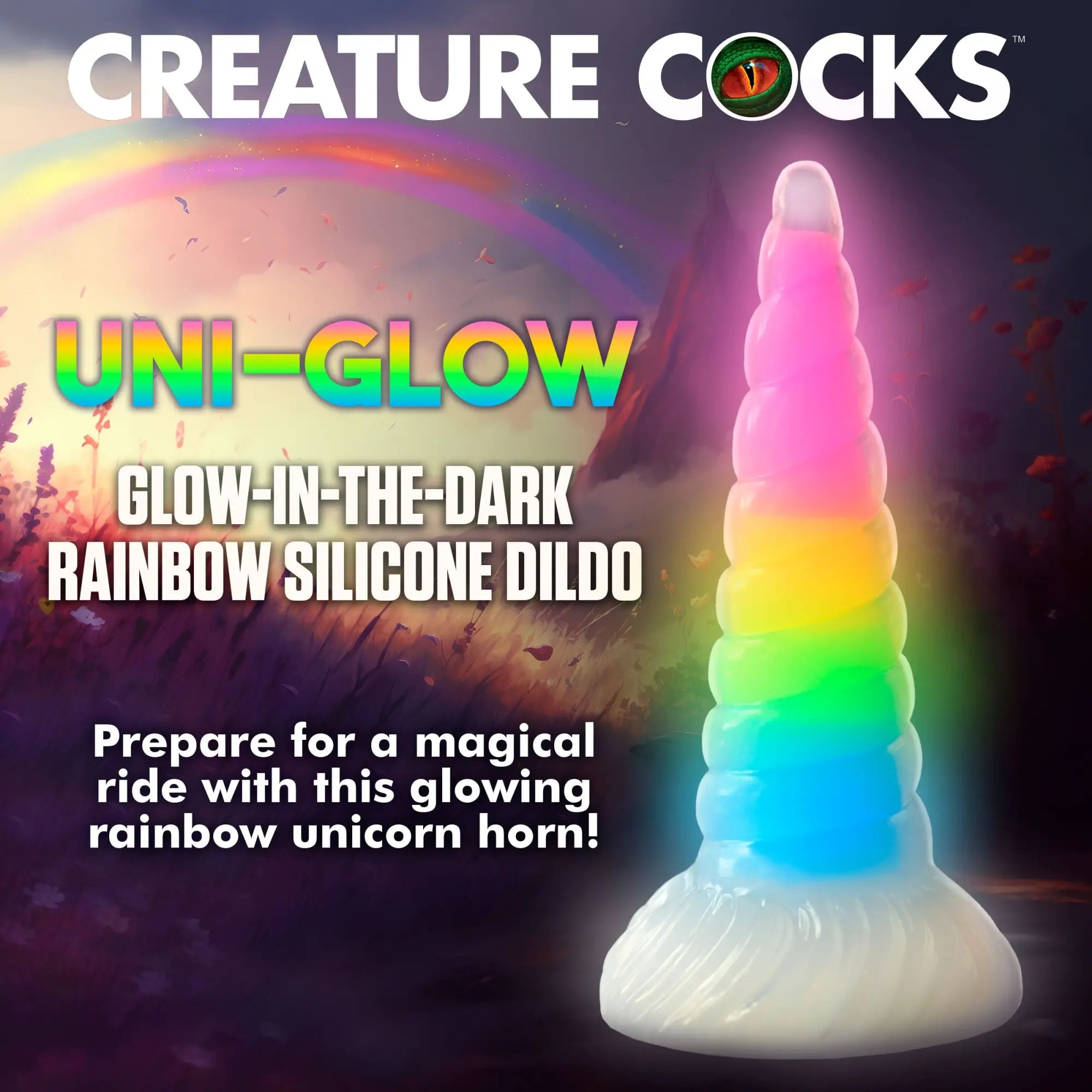Creature Cocks Uni-Glow: A spiral-textured, rainbow-colored, glow-in-the-dark silicone unicorn horn dildo.