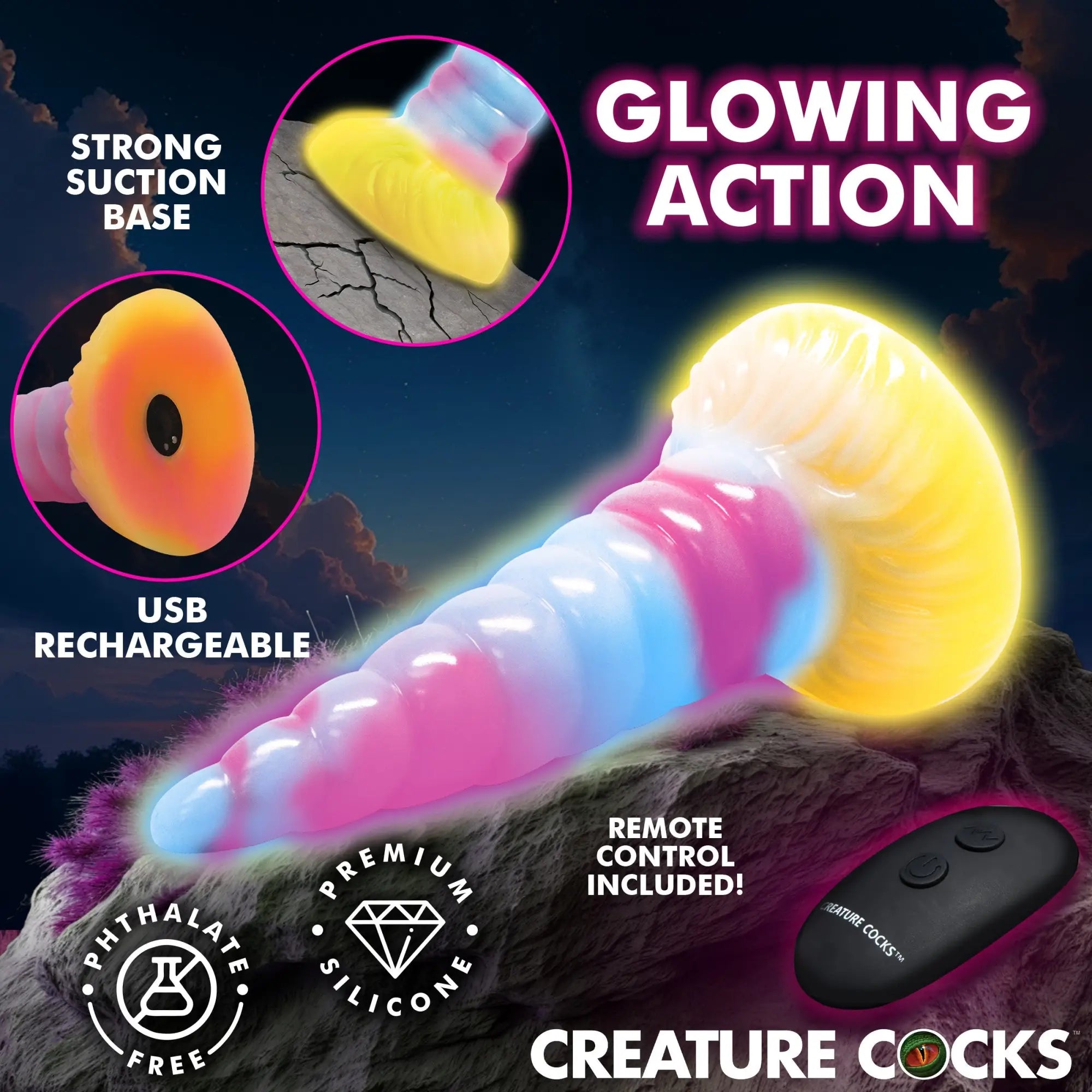 Creature Cocks Unicorn glow-in-the-dark vibrating silicone dildo with suction base, remote control, and pastel colors.
