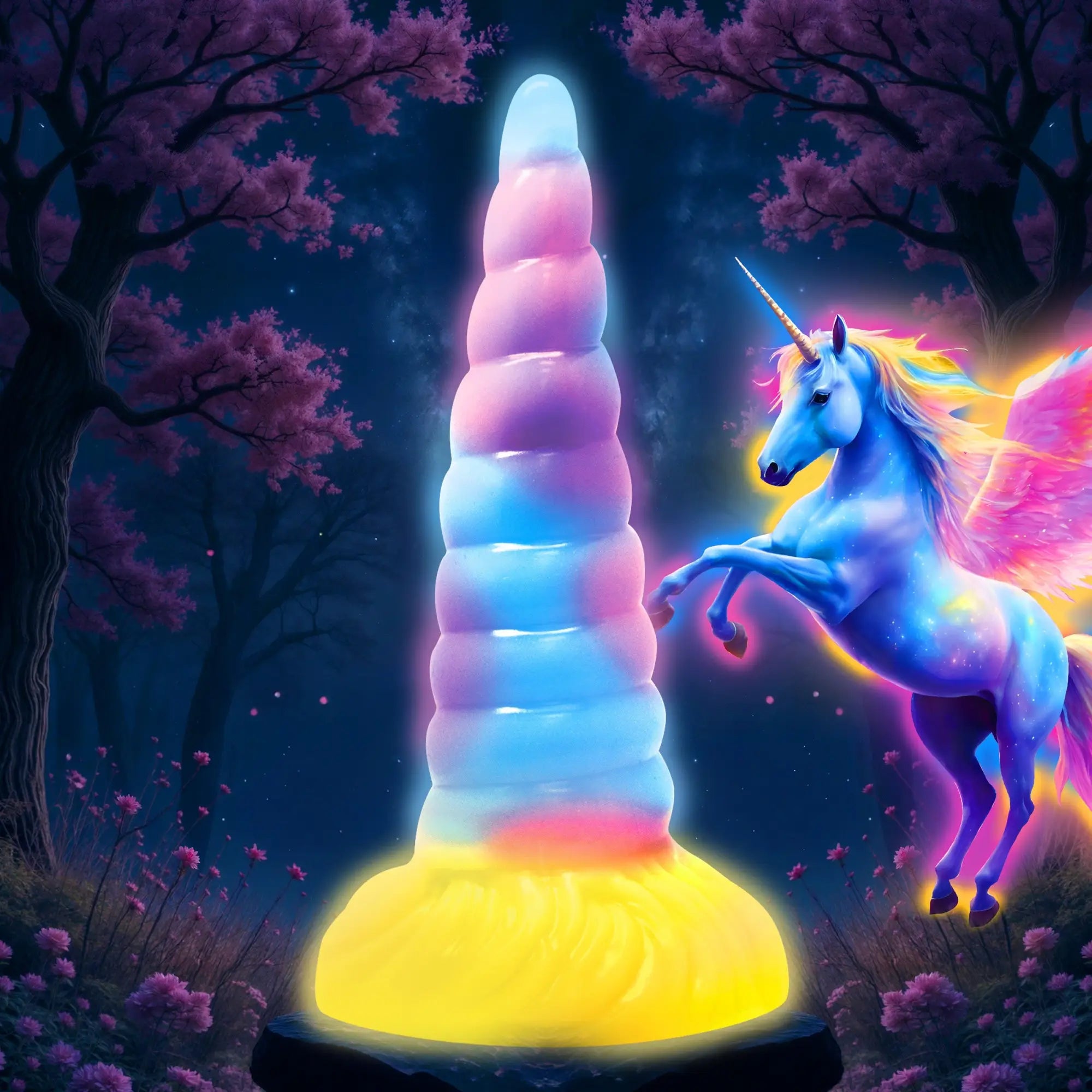Creature Cocks unicorn glow-in-the-dark silicone dildo with a spiraled, multi-colored design in a magical forest.