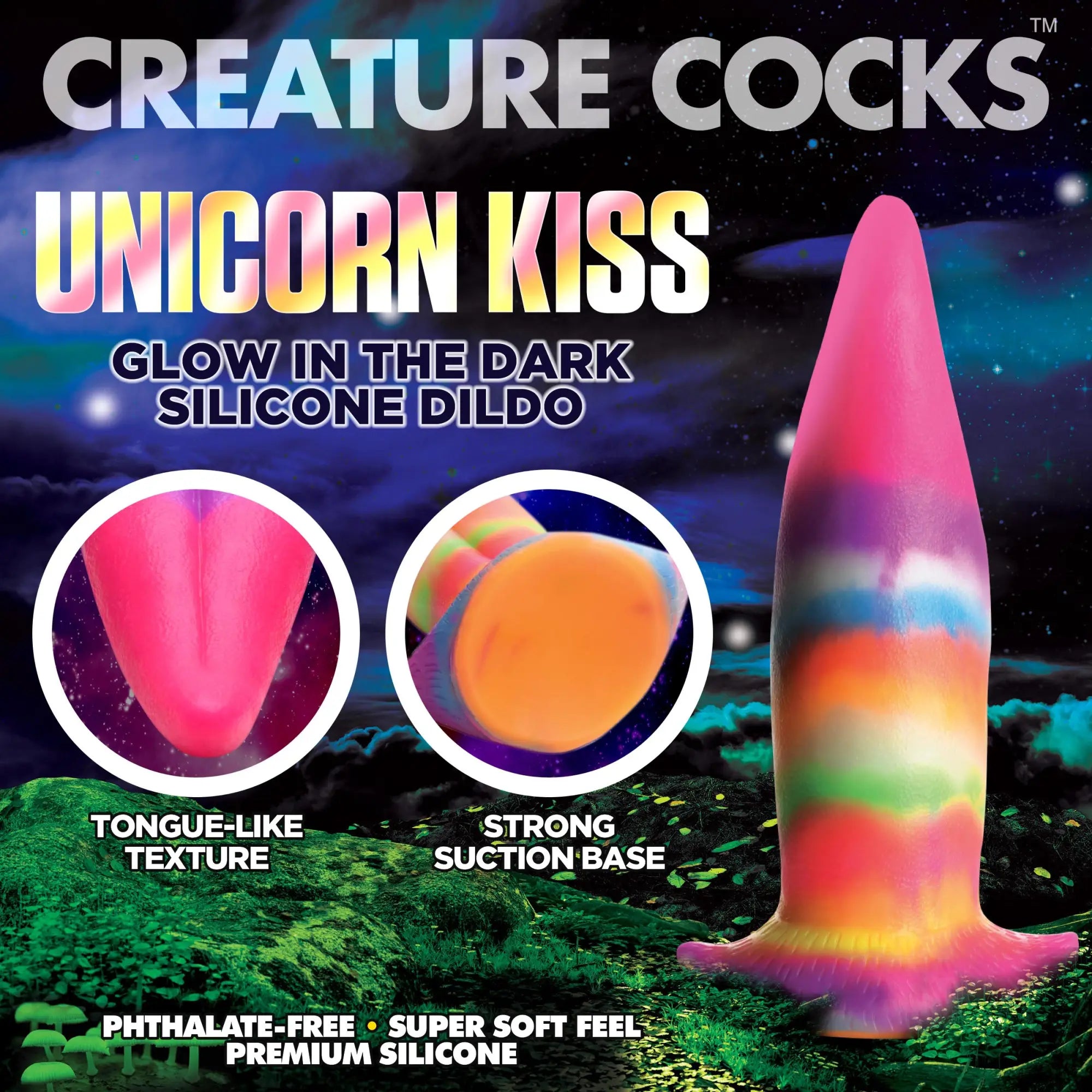 Creature Cocks Unicorn Kiss glow-in-the-dark silicone dildo with a colorful, swirled design and suction cup base.