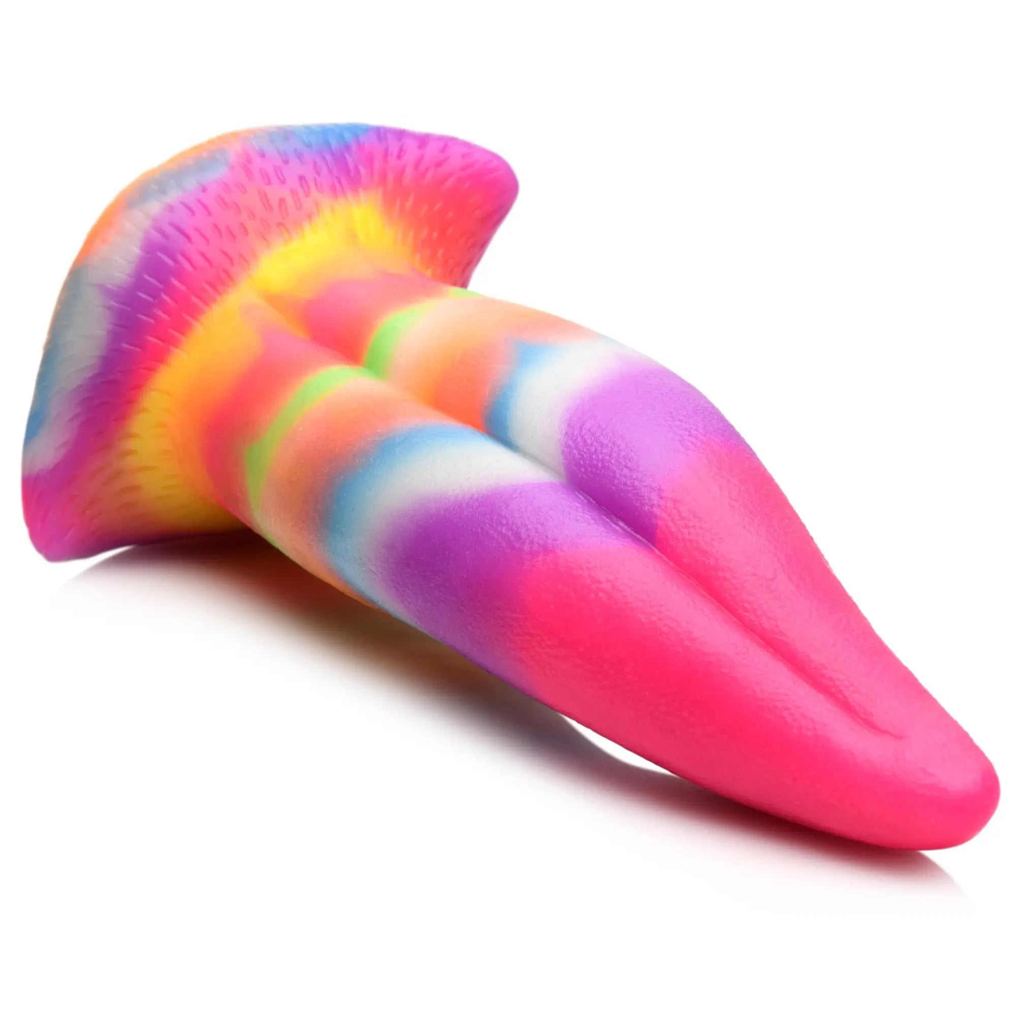 Creature Cocks Unicorn Kiss silicone dildo featuring a multicolored, tie-dye style tongue design on a white background.