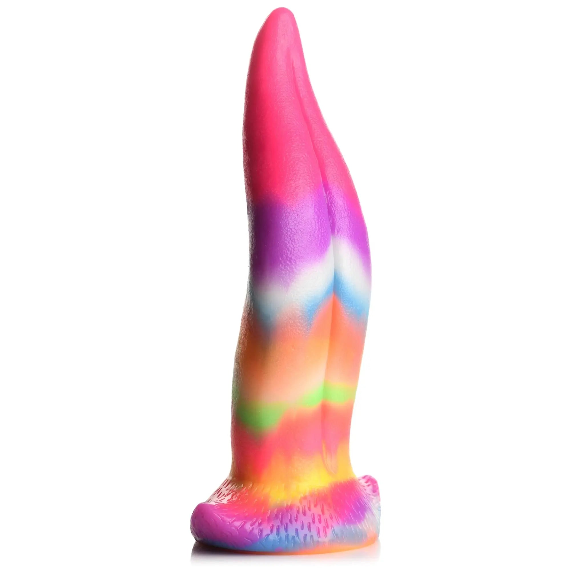 Creature Cocks Unicorn Kiss silicone dildo in a multi-color, tie-dye style with a textured, tongue-like shape.