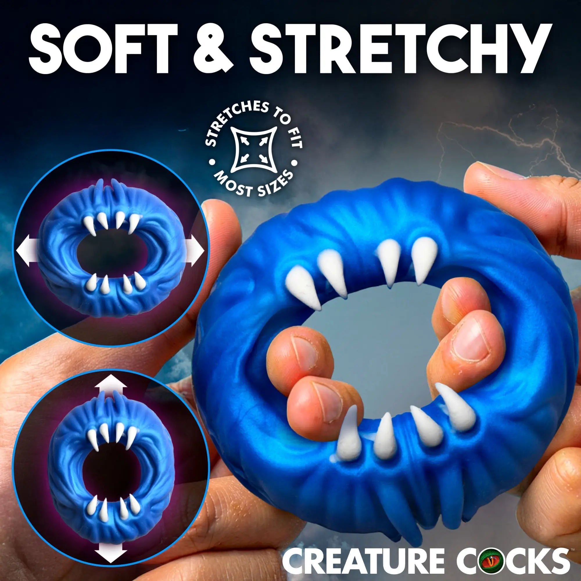 Creature Cocks Venom Loop blue silicone cock ring featuring white monster teeth, shown being stretched by hand.