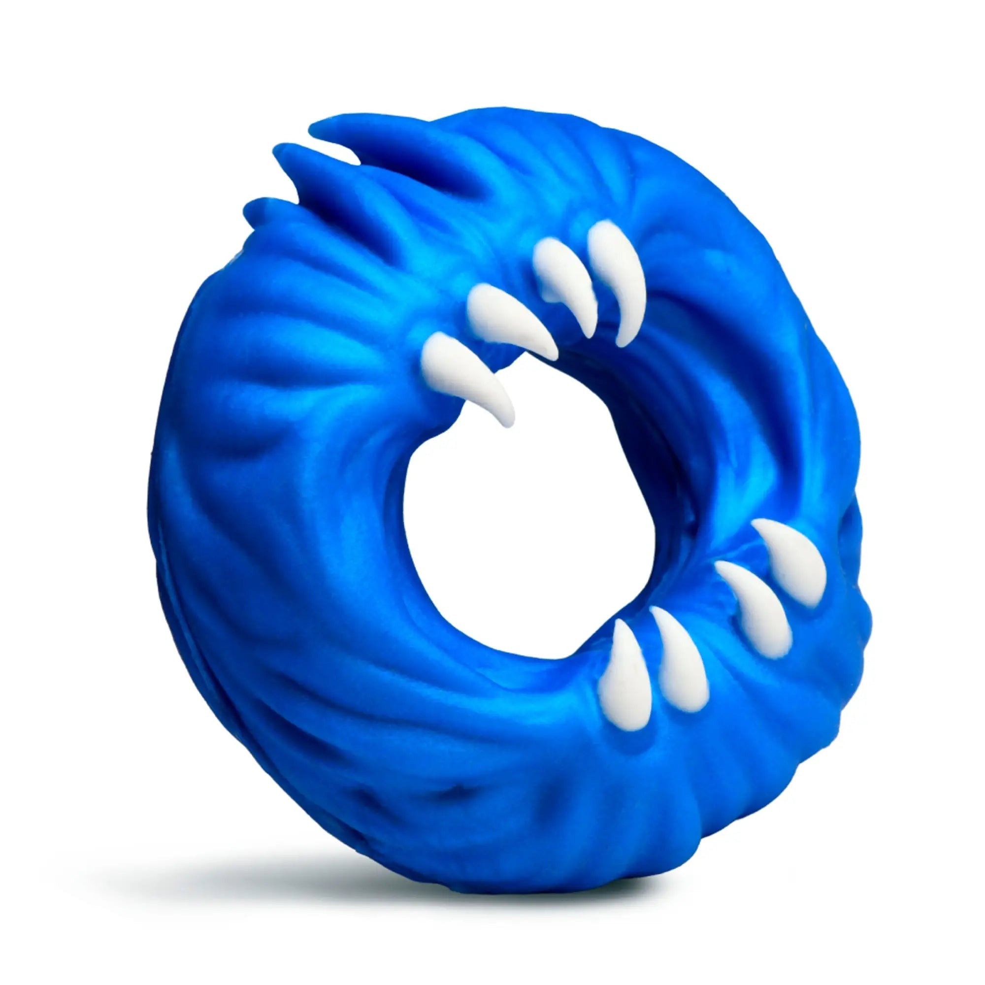 Creature Cocks Venom Loop silicone cock ring in bright blue, featuring textured monster skin and white pointed teeth.