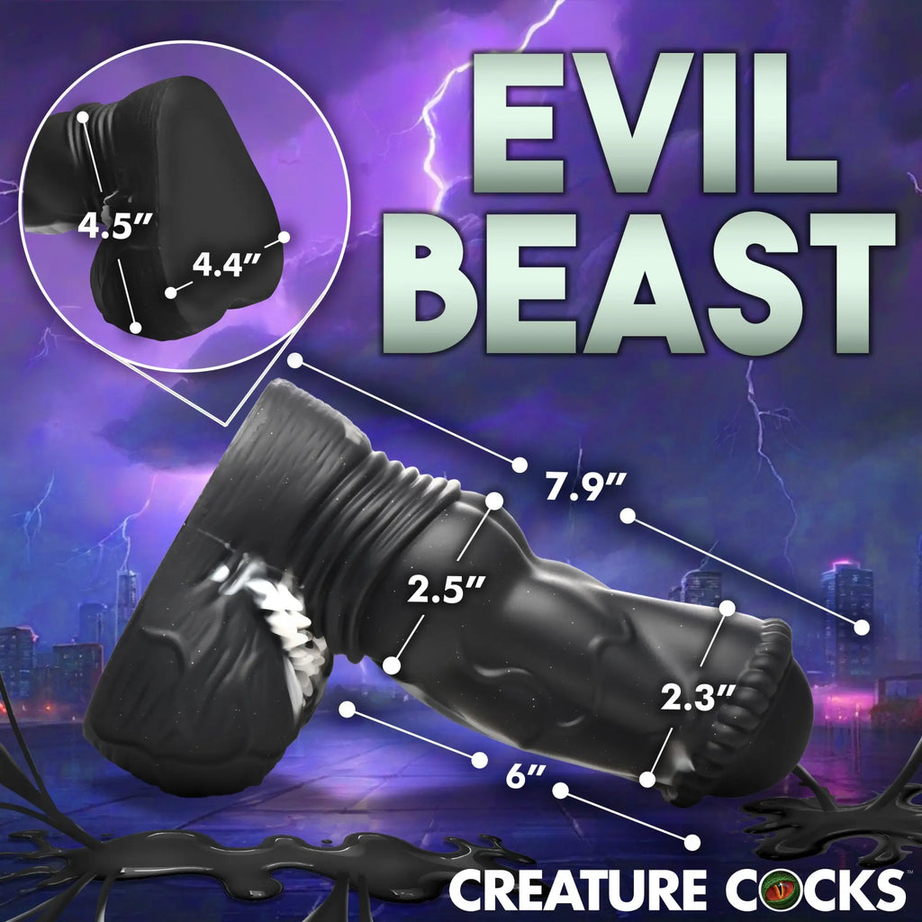 Creature Cocks Venom silicone dildo in black with monster-inspired texture and labeled measurements on a stormy background.