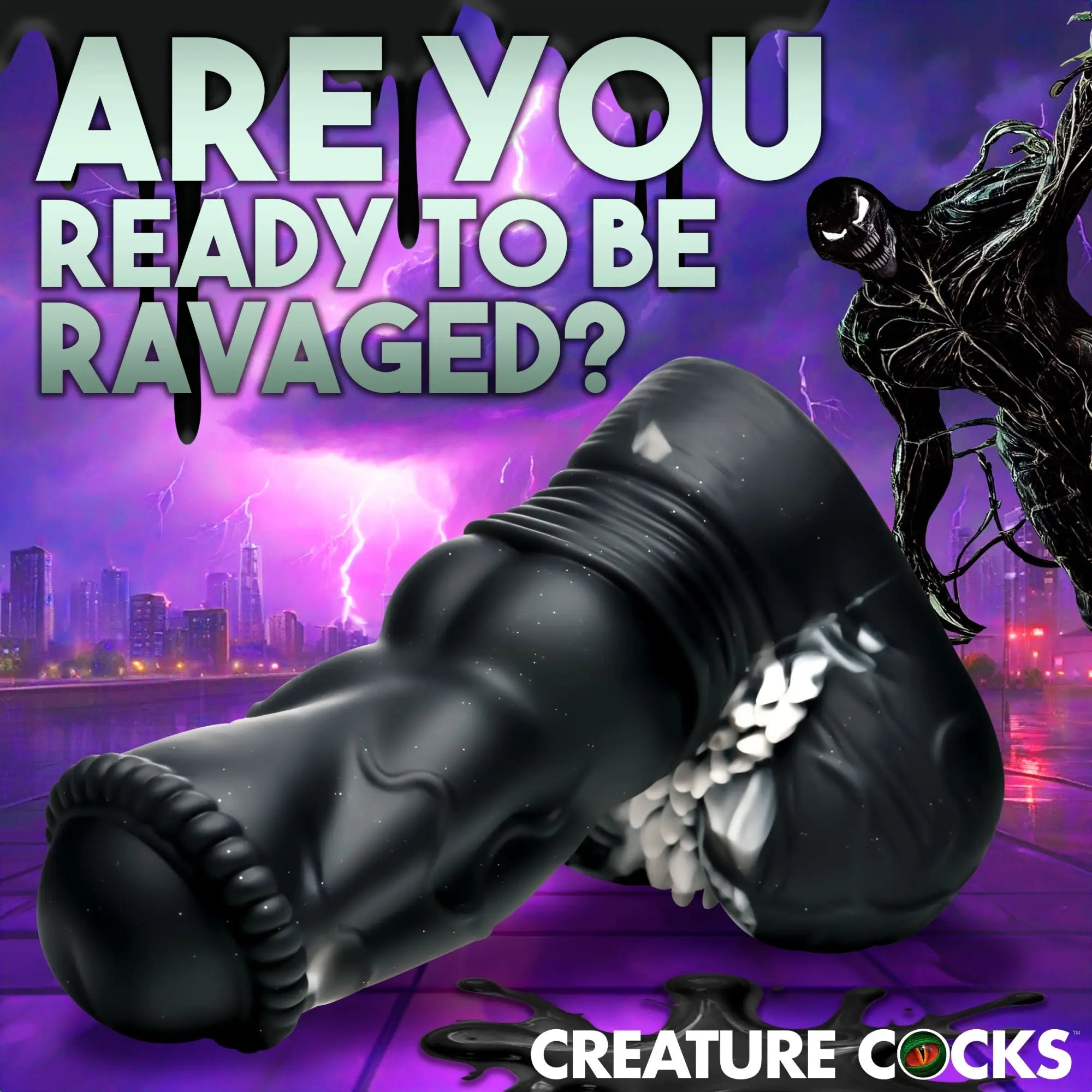 Creature Cocks Venom silicone dildo, a black, textured fantasy-style toy against a purple, city-themed Venom backdrop.