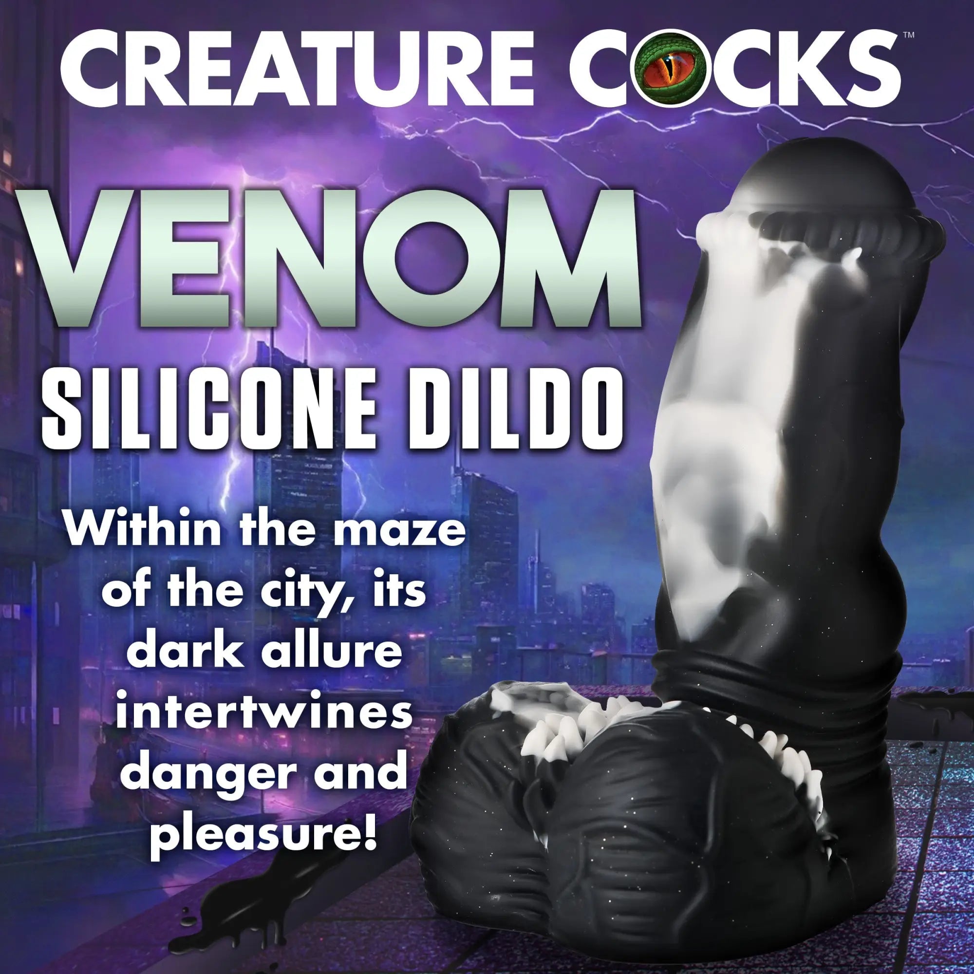 Creature Cocks Venom silicone dildo: A black, creature-style dildo with white details, set against a stormy city background.