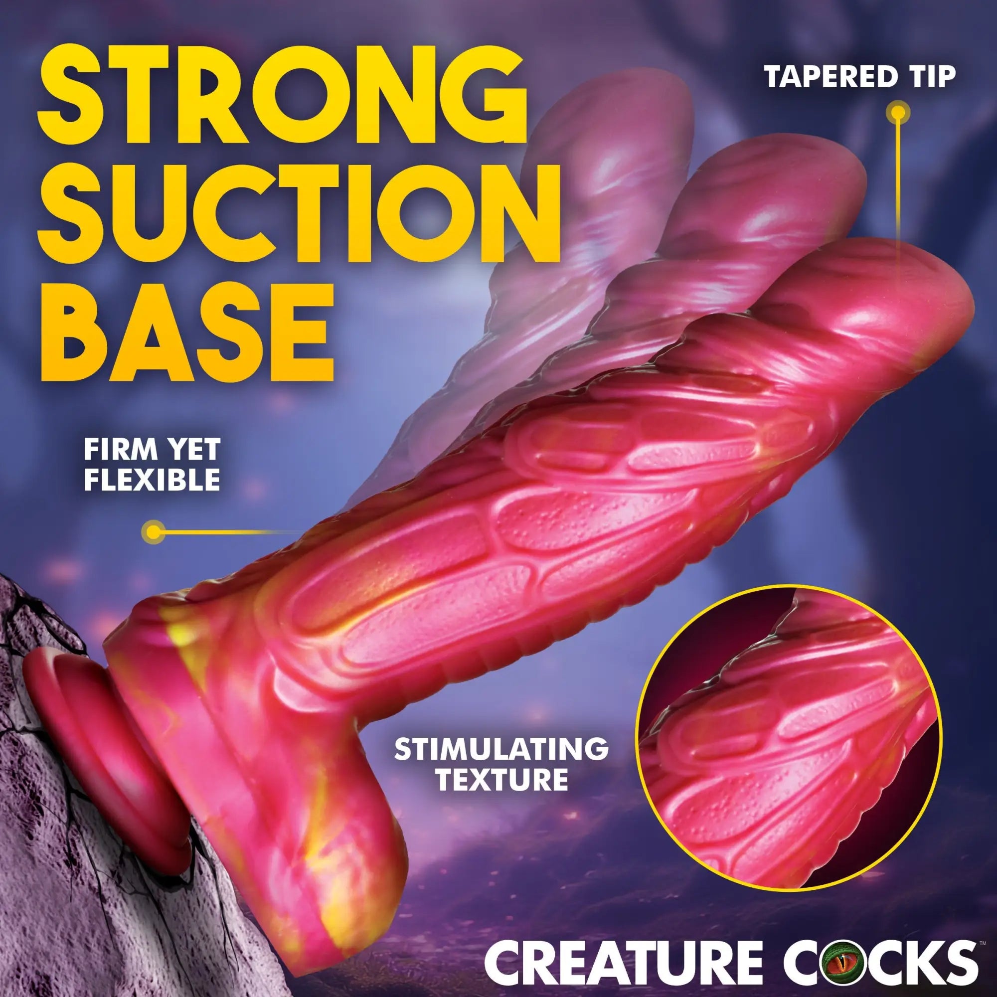 Creature Cocks Vespid dildo: A pink and yellow silicone toy with an insect-wing texture, suction base, and tapered tip.