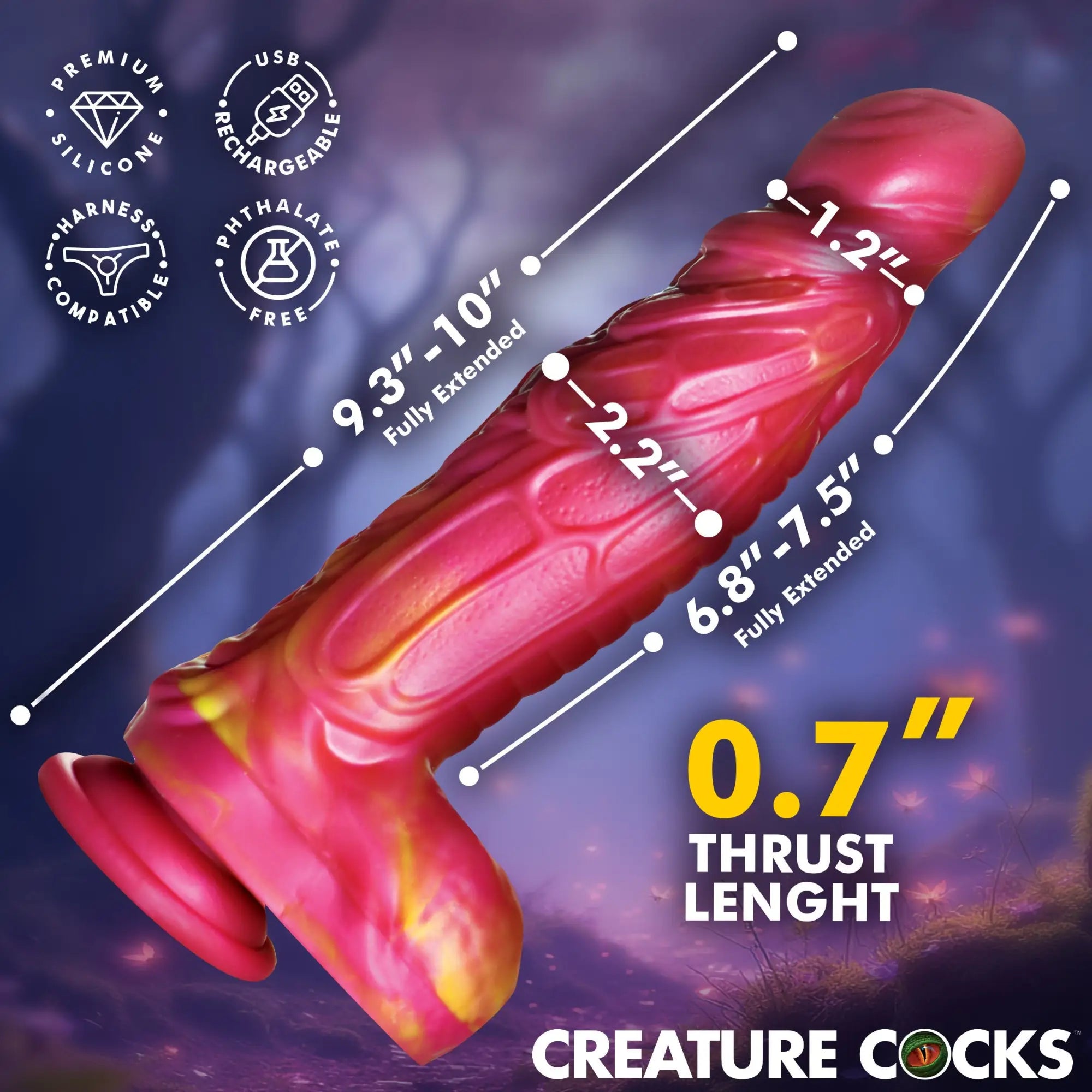 Creature Cocks Vespid pink and yellow silicone dildo with textured detailing and labeled dimensions.