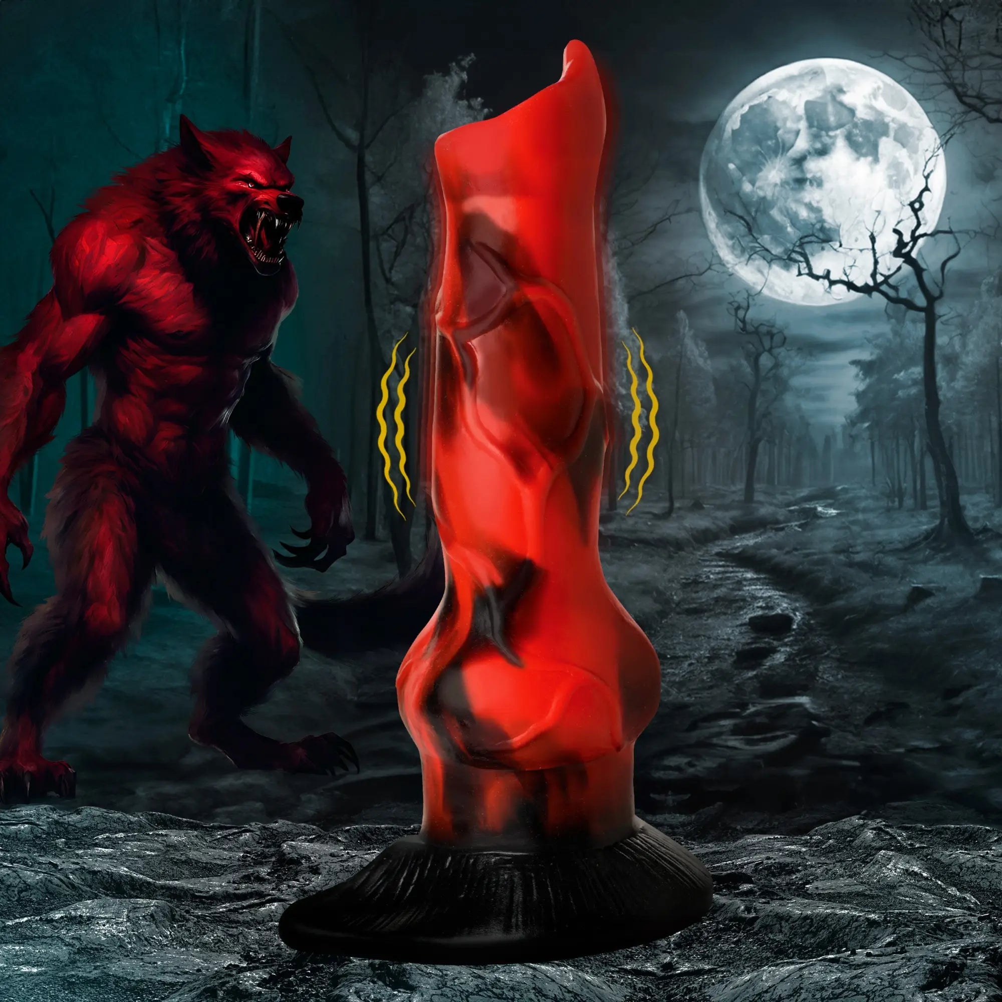 Creature Cocks Vibra Beast: red and black marbled, textured silicone vibrating dildo in a werewolf-themed background.
