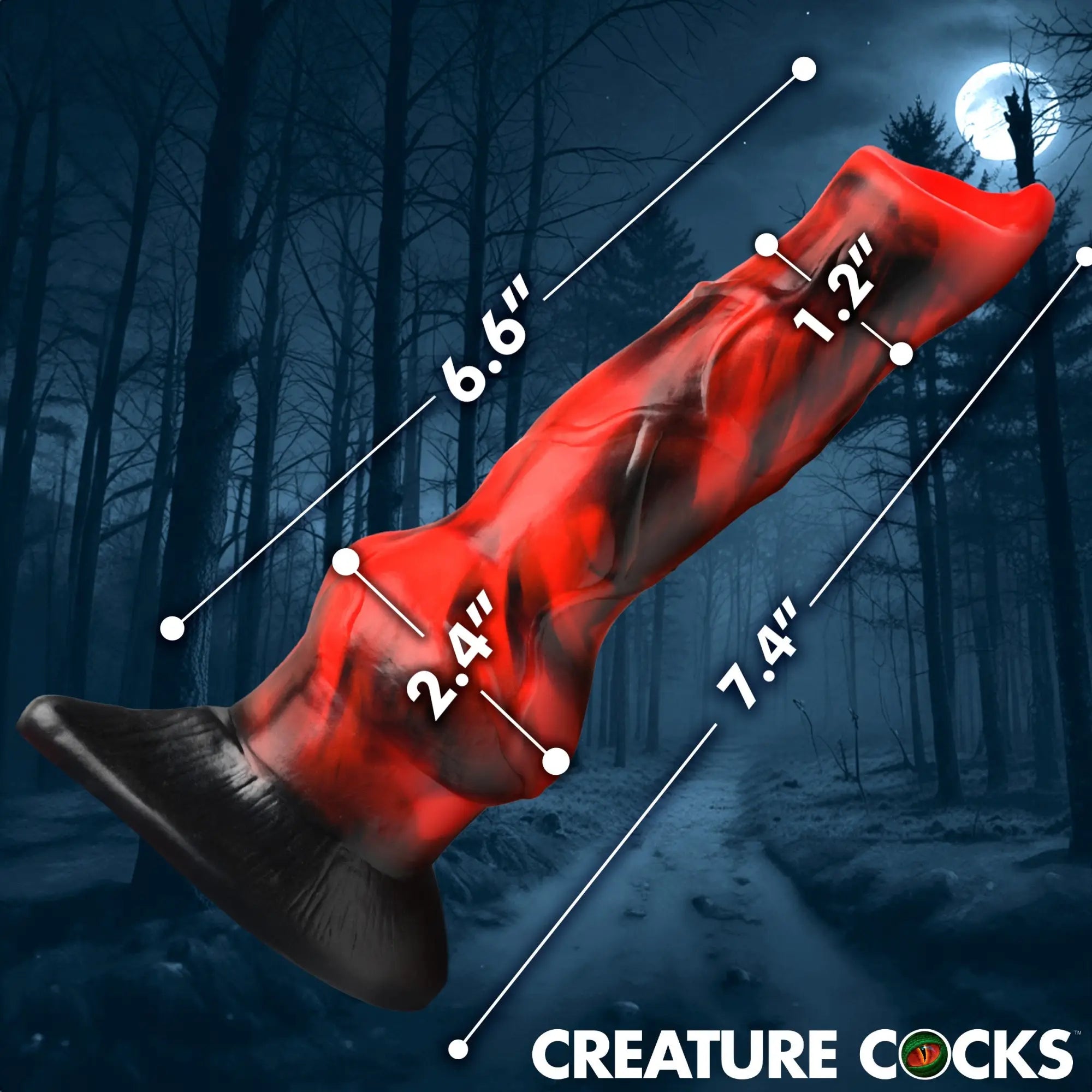 Creature Cocks Vibra Beast: red and black marbled silicone dildo with a flared base and labeled product dimensions.