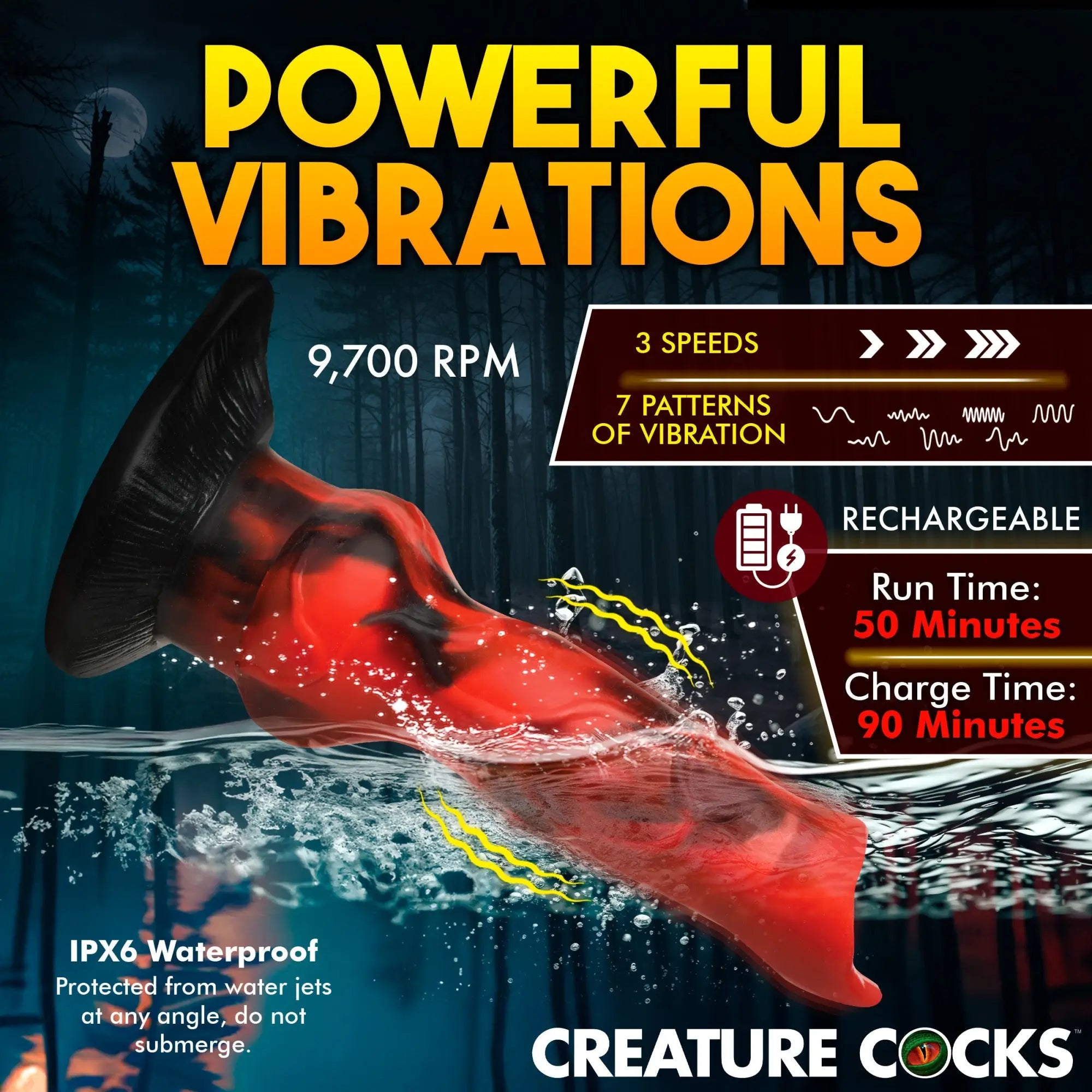 Creature Cocks Vibra Beast: A red and black textured, monster-style vibrating silicone dildo shown in water.