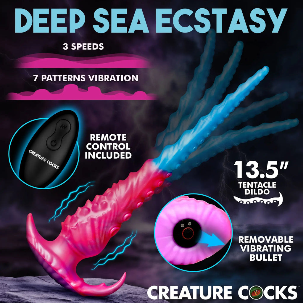 Creature Cocks Vibropus: A 13.5" pink and blue silicone tentacle dildo with a removable remote-controlled vibrator.