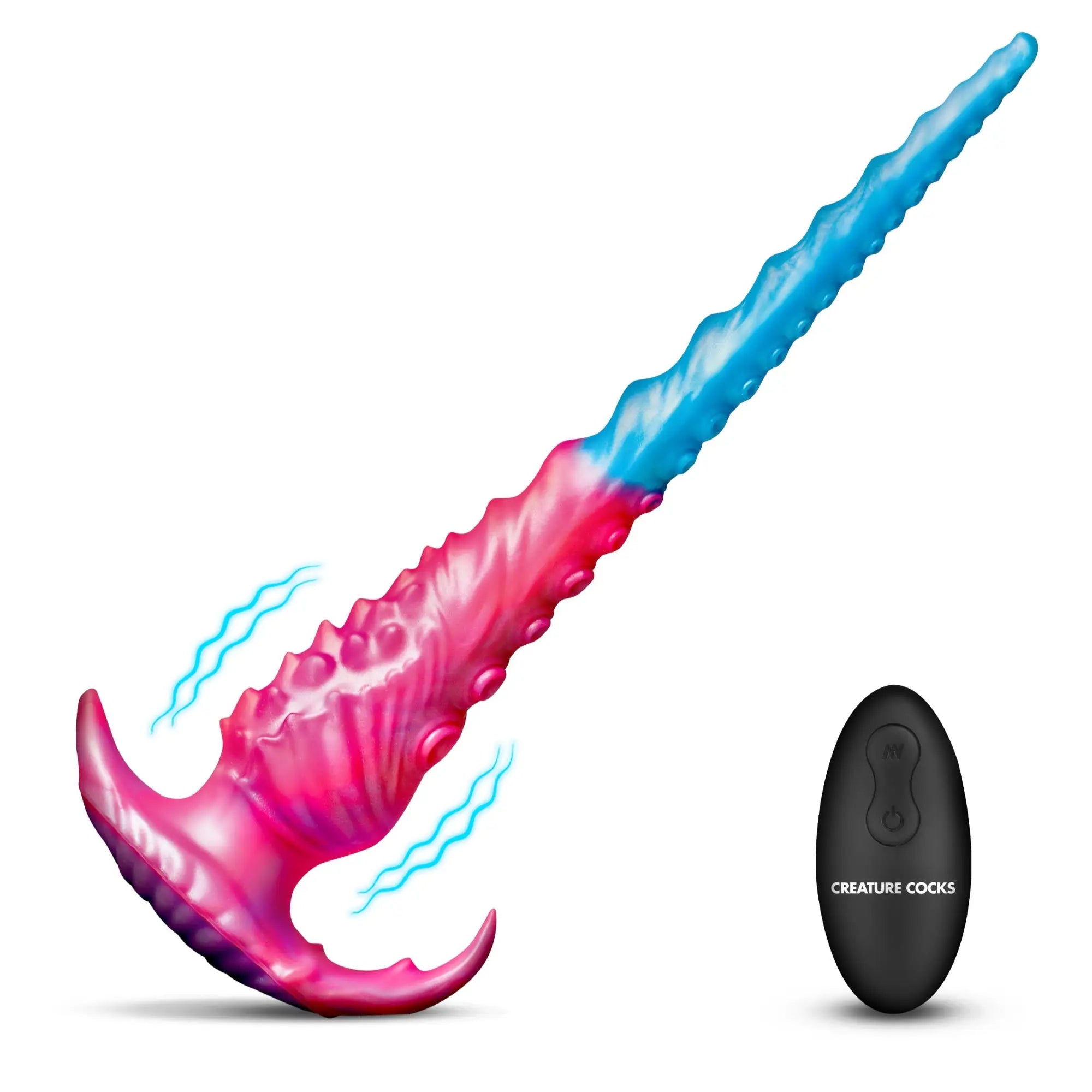 Creature Cocks Vibropus vibrating dildo, pink-to-blue gradient silicone with tentacle texture, and a black remote control.