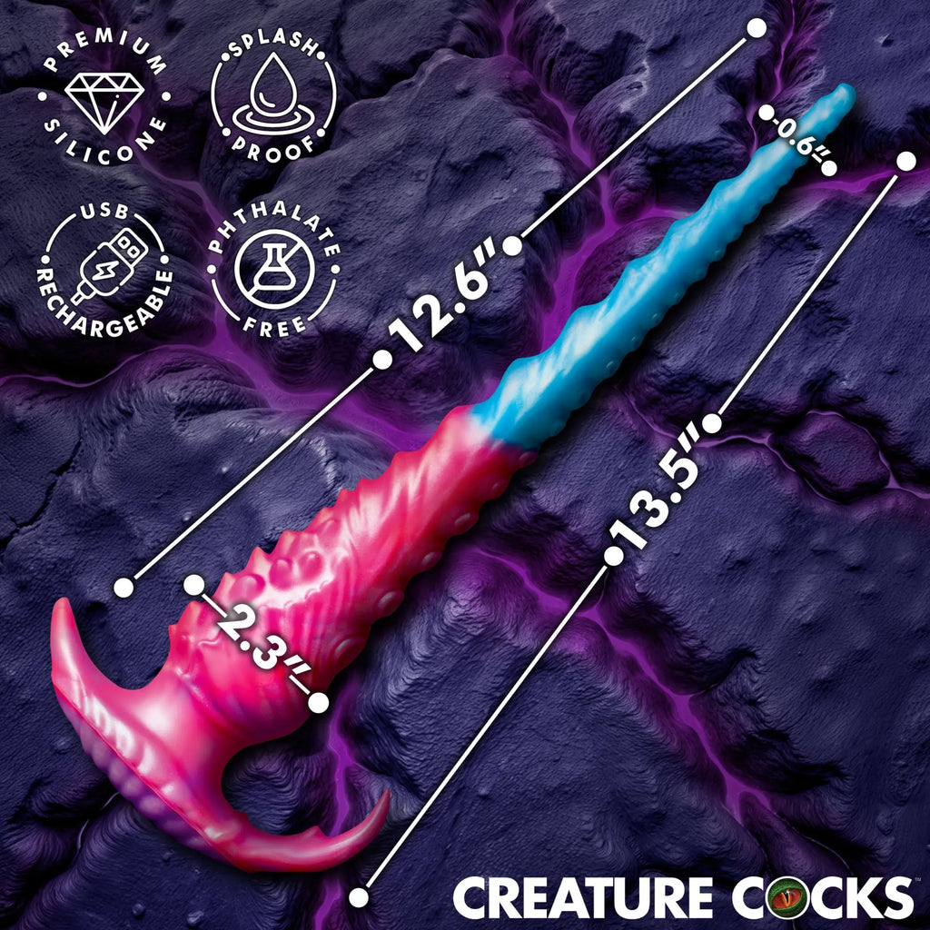 Creature Cocks Vibropus: Blue and pink textured silicone dildo with measurements and product icons on purple background.