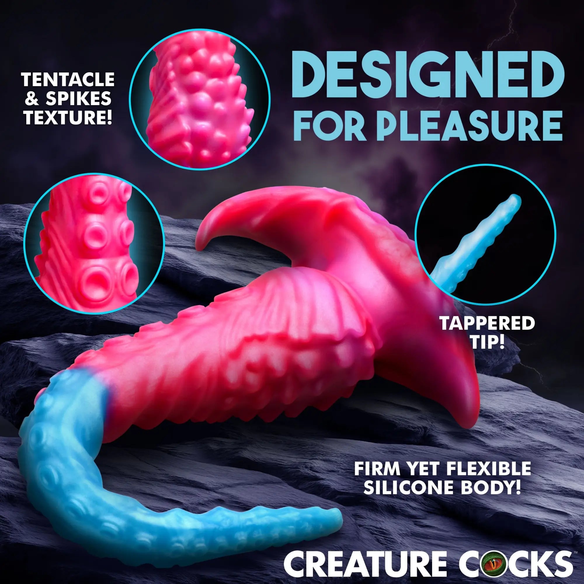 Creature Cocks Vibropus: A pink and blue, tentacle-styled vibrating silicone dildo with spikes and suction cups.