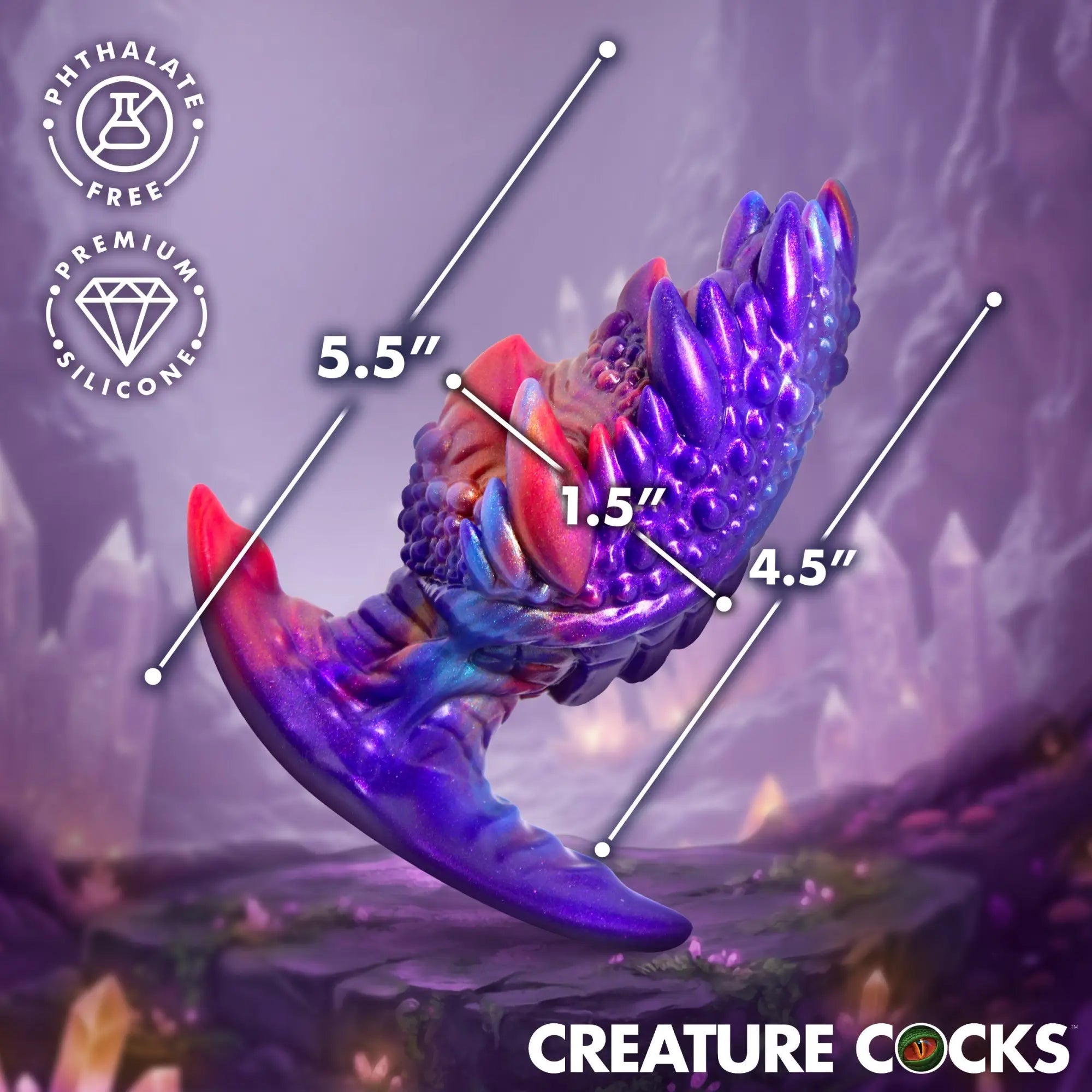 Creature Cocks Volkron silicone butt plug in a textured, iridescent purple-to-red gradient, shown with size dimensions.