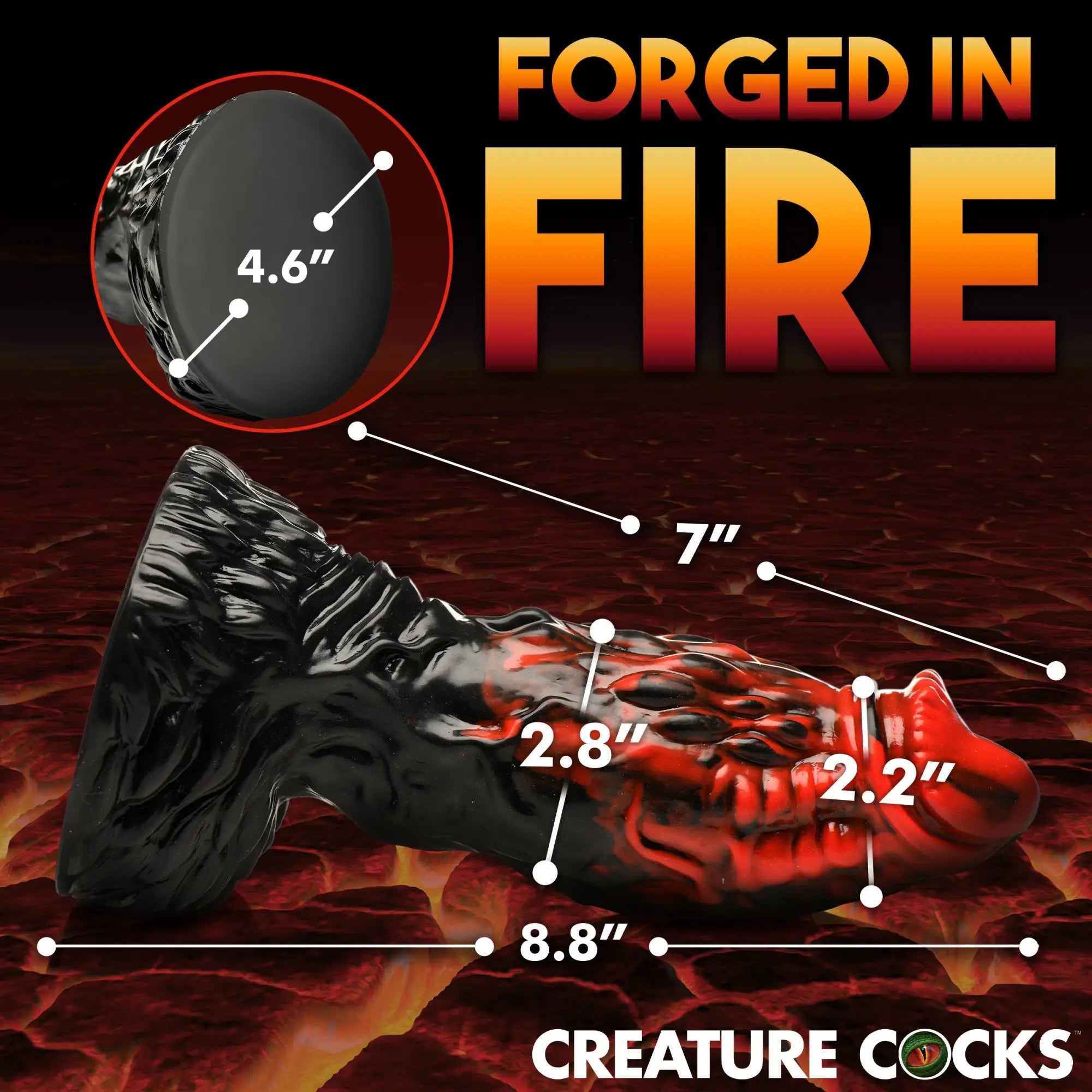 Creature Cocks Vulcan silicone dildo: black and red, textured, fantasy-style phallic toy with product dimensions shown.
